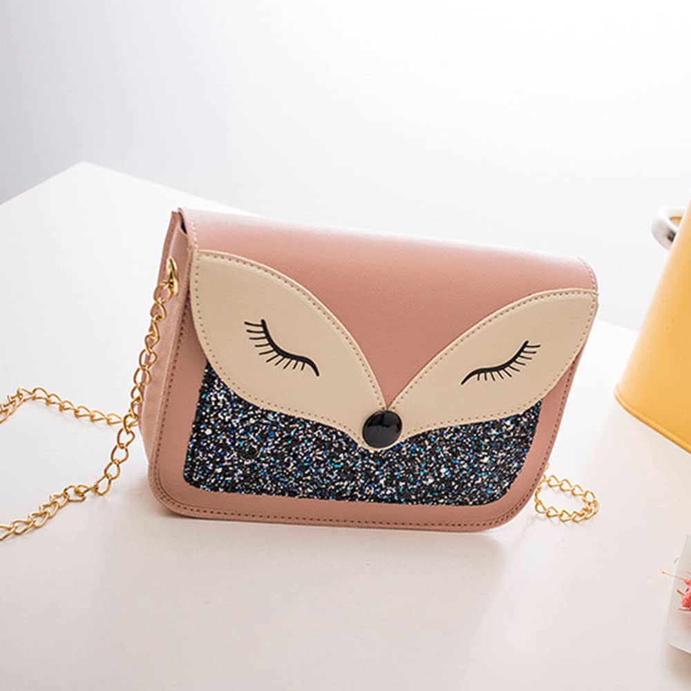 Cute Fox Sequins Leather Crossbody Bag for Little Girls - Small Shoulder Purse with Adjustable Strap, Kids Gift for Birthday, Party & School (Pink)