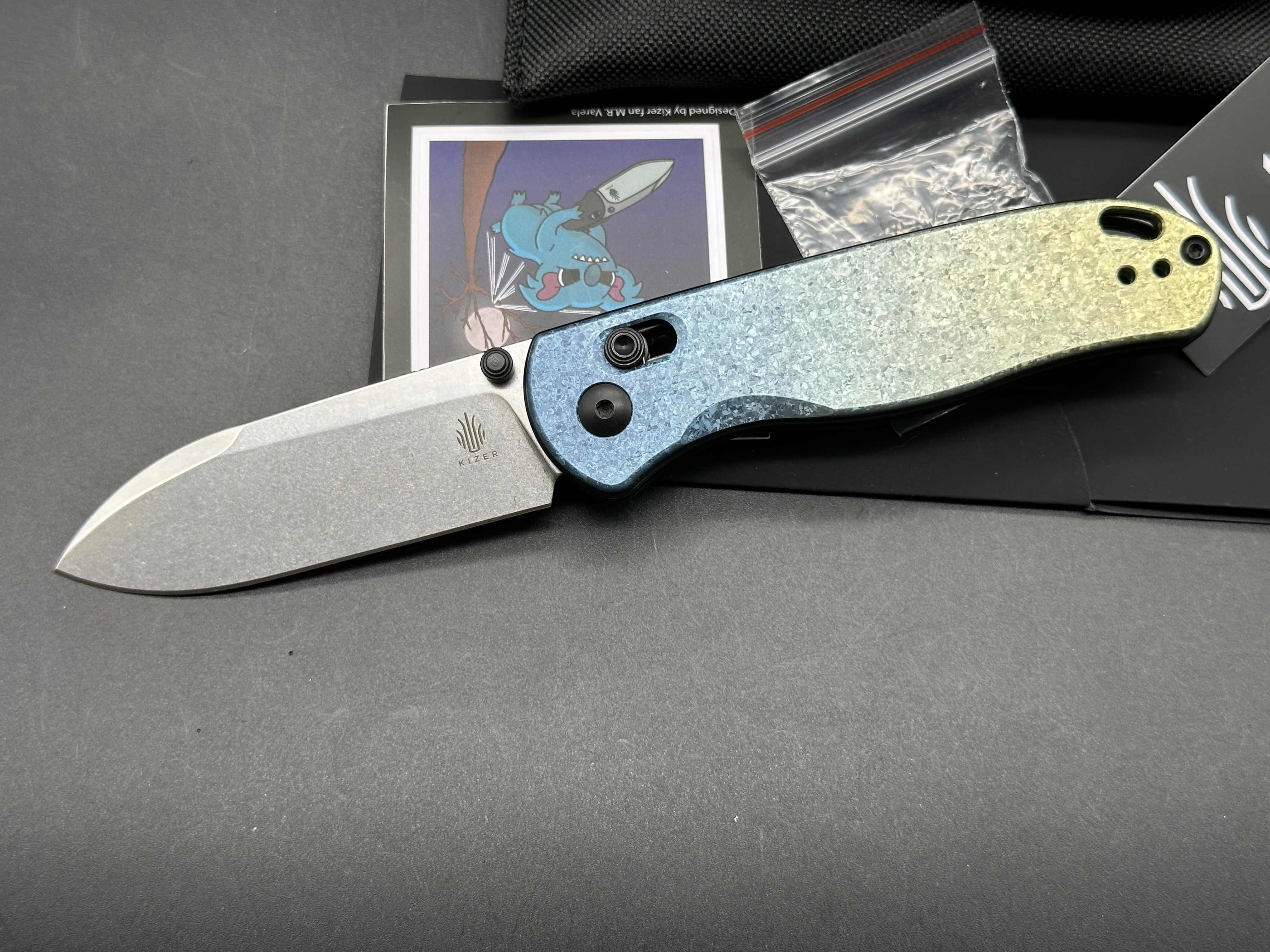 Kizer Azo Drop Bear Clutch Lock Folding Knife - Titanium Handle with 3 Stonewash Finish - EDC Pocket Knife for Camping, Hiking & Outdoor Adventures