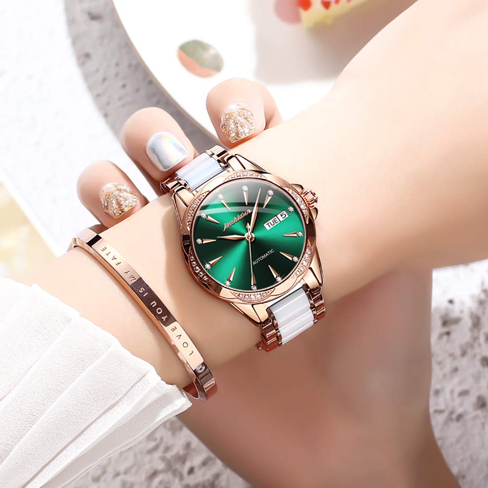**Elegant Automatic Green Stainless Steel Women's Watch with Ceramic Bracelet – Self-Winding Mechanical Watch with Day/Date Display, Waterproof & Diamond Accents – Perfect for Office, Party & Everyday Wear**