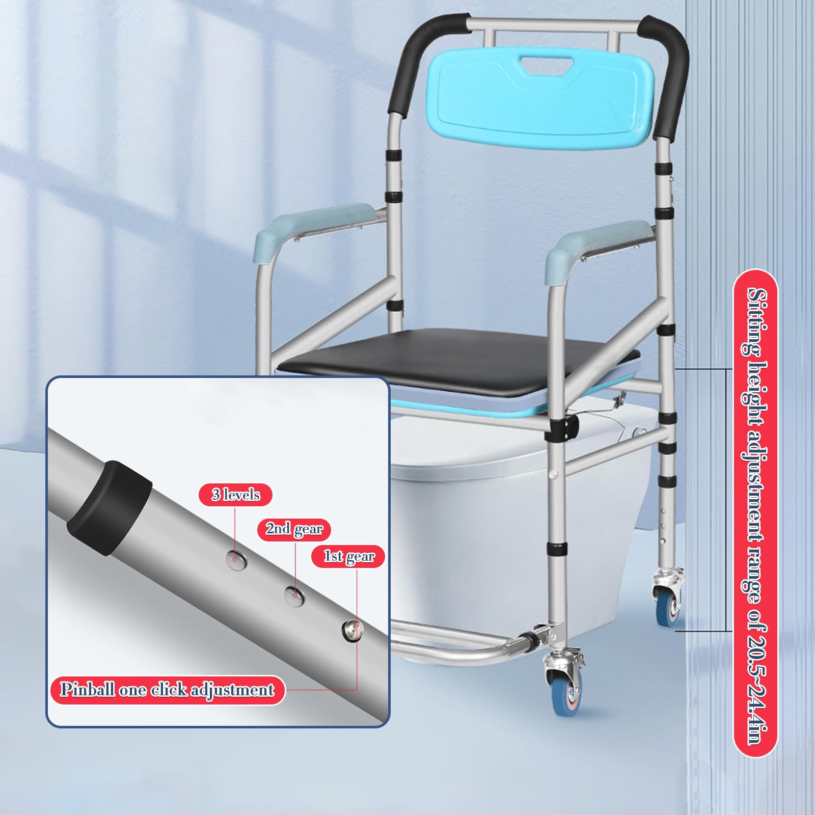 Shower Chair with Wheels - 330 lbs Weight Capacity Rolling Bath Commode for Elderly & Disabled - Adjustable Height Toilet Safety Chair for Home & Hospital Use (White)