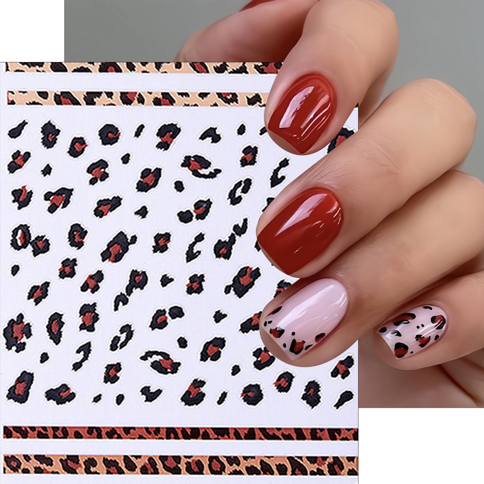 Leopard Print Nail Art Stickers - 6 Sheets 3D Self-Adhesive Nail Decals for French Manicure | Pink & Brown Leopard Design Nail Accessories for Women | Perfect for Salon, Home Manicure & Party Nail Decor