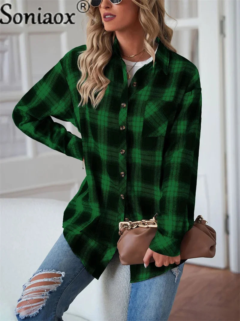 Women's Flannel Plaid Shirt - Soft Loose Fit Long Sleeve Button Down Blouse with Pockets | Casual Fall & Winter Layering Top for Outdoor Activities, Work & Everyday Wear