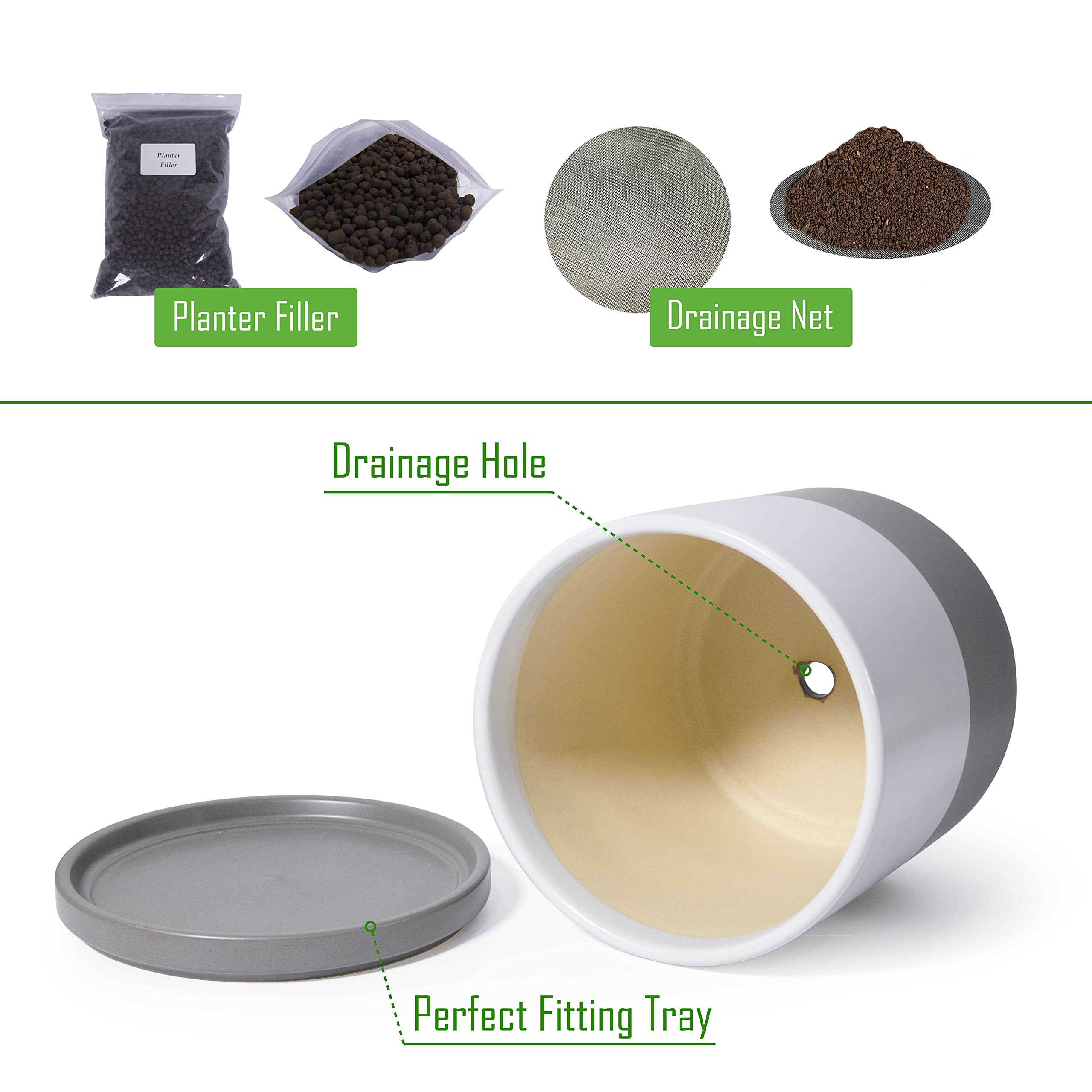 8 Inch Ceramic Planter Pot with Drainage Hole & Saucer - Indoor Cylinder Round Flower Pot for Plants (White/Speckled Grey) - Perfect for Home Decor, Office Desk, and Living Room Plants