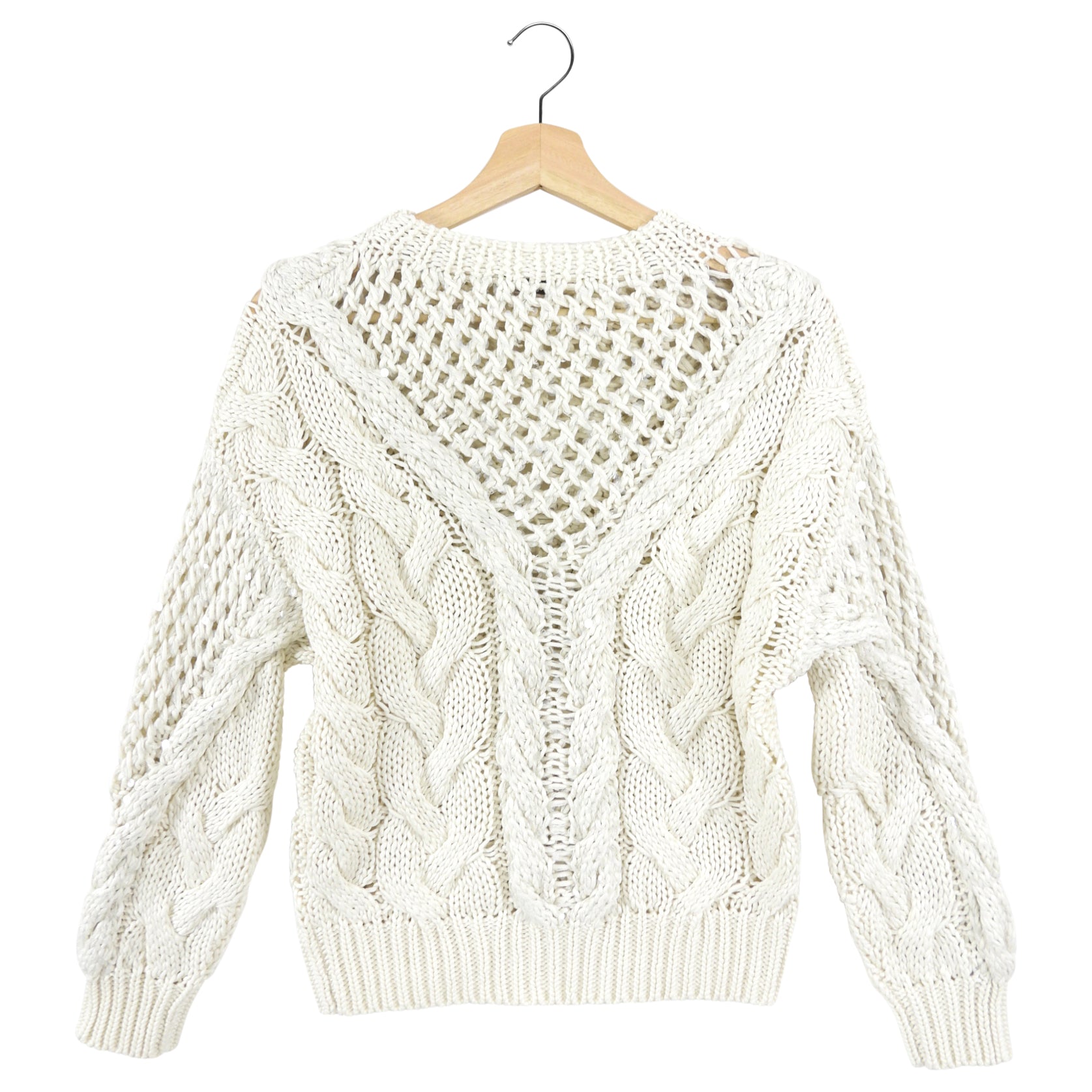 Brunello Cucinelli Ivory Cotton Cable Knit Sequin Sweater Women's Size S (US 2/4) - Elegant Winter Pullover for Holiday Parties & Office Wear