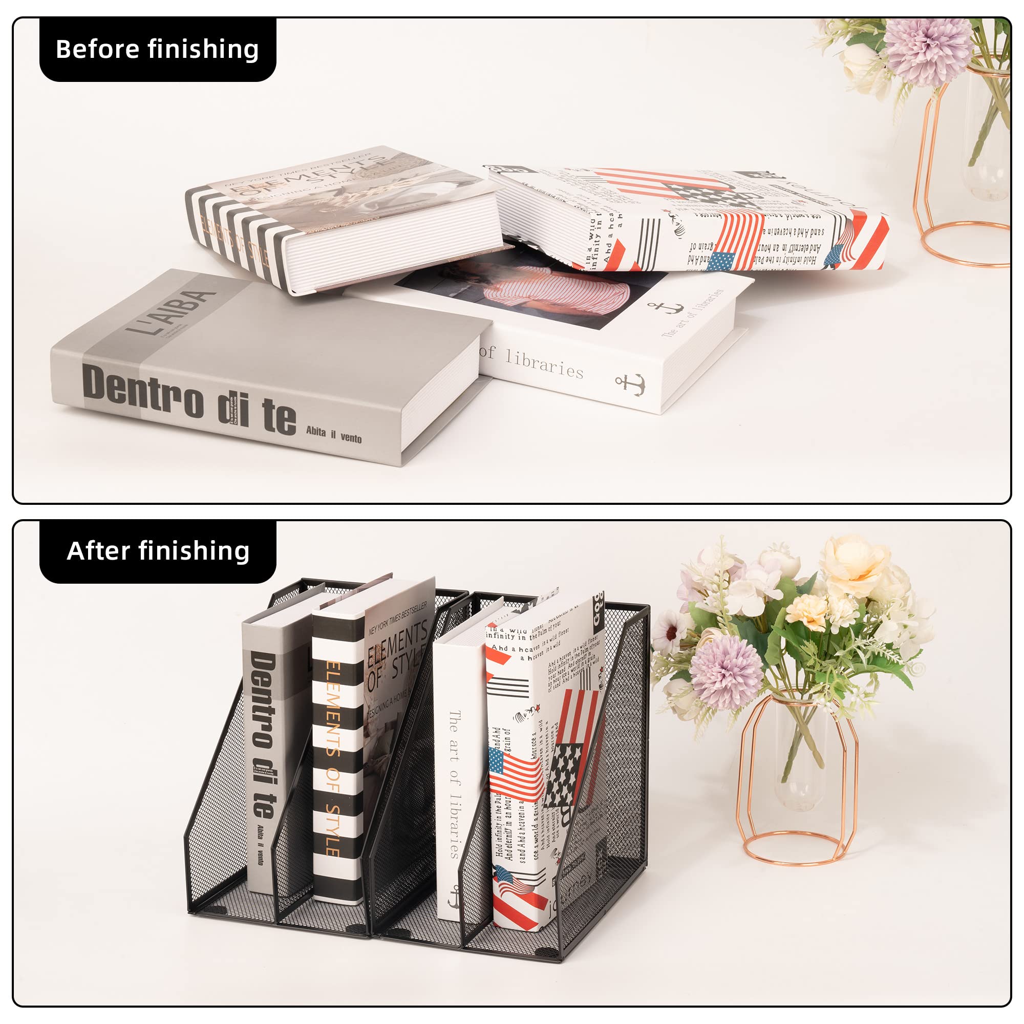 2-Pack Metal Wire Magazine Holders - 2 Compartment Mesh File Organizer for Desk, Office Accessories & Decorative Storage Box (Black) - Perfect for Home Office, Study Desk & Workspace Organization