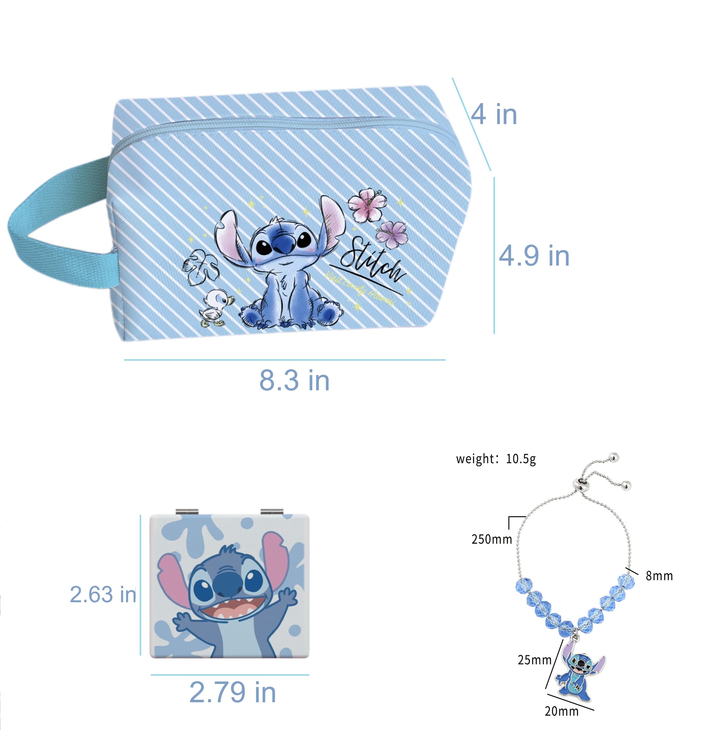Stitch Cosmetic Bag with Mirror & Bracelet - Large PU Travel Organizer for Women & Girls - Perfect Gift for Makeup Lovers