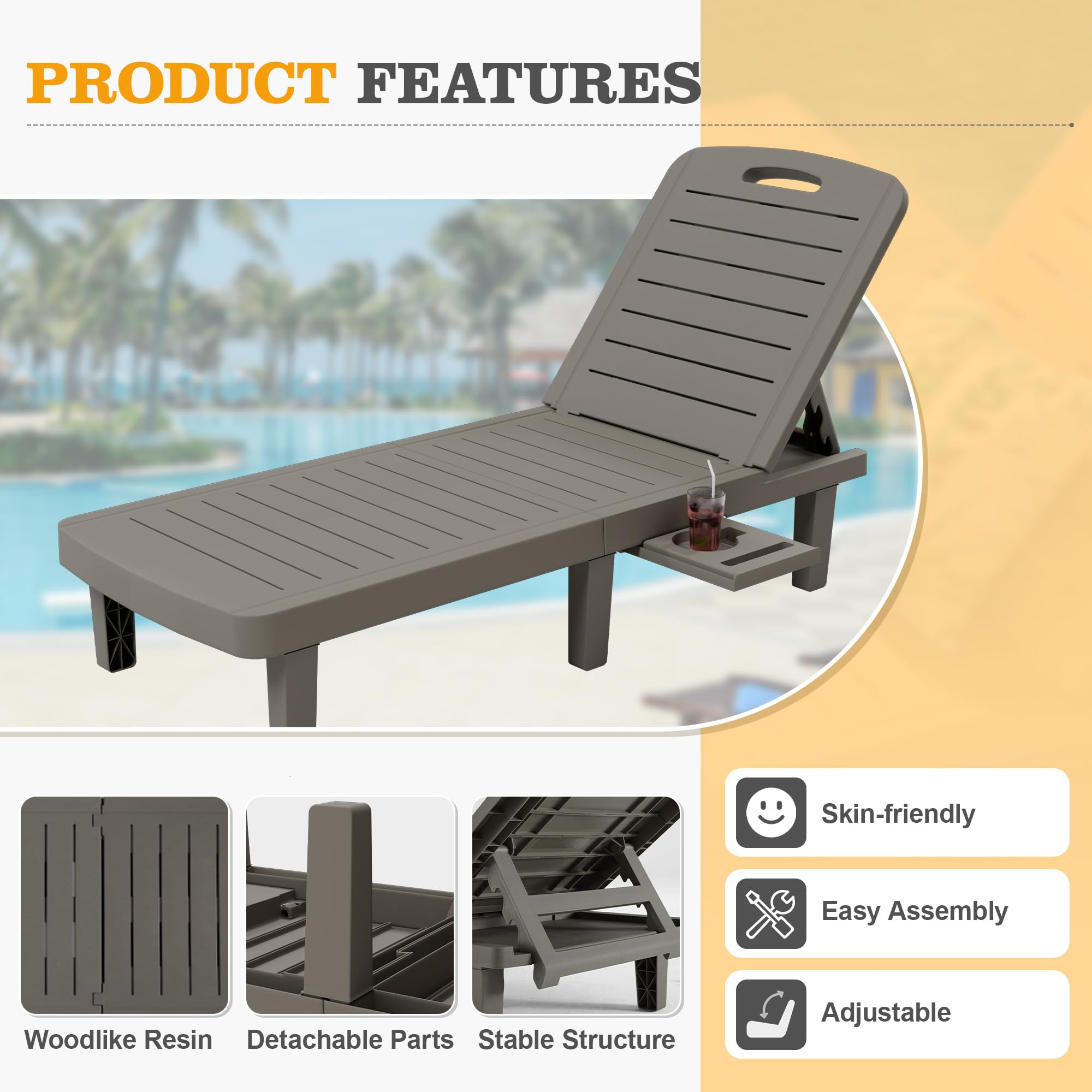 UDPATIO Oversized Waterproof Resin Pool Lounge Chairs Set of 2 - Adjustable 5-Level Backrest Outdoor Chaise Lounge with Cup Holder Tray - Perfect for Patio, Lawn, Beach, Backyard, Deck and Poolside Relaxation
