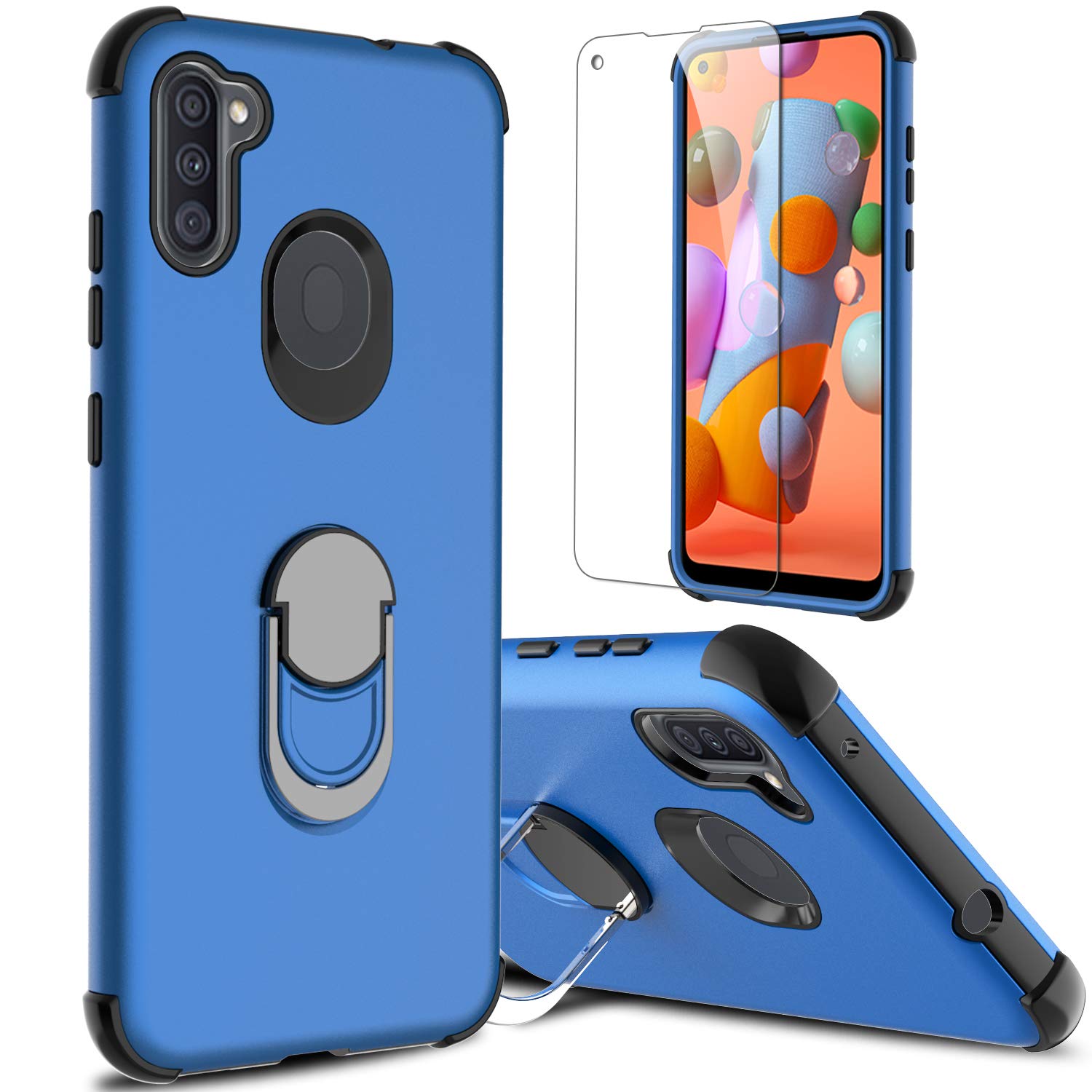 Shockproof Samsung Galaxy A11 Case with Screen Protector & Ring Holder Kickstand - Compatible with SM-A115F (Blue) | Perfect for Daily Protection, Hands-Free Viewing & Secure Grip