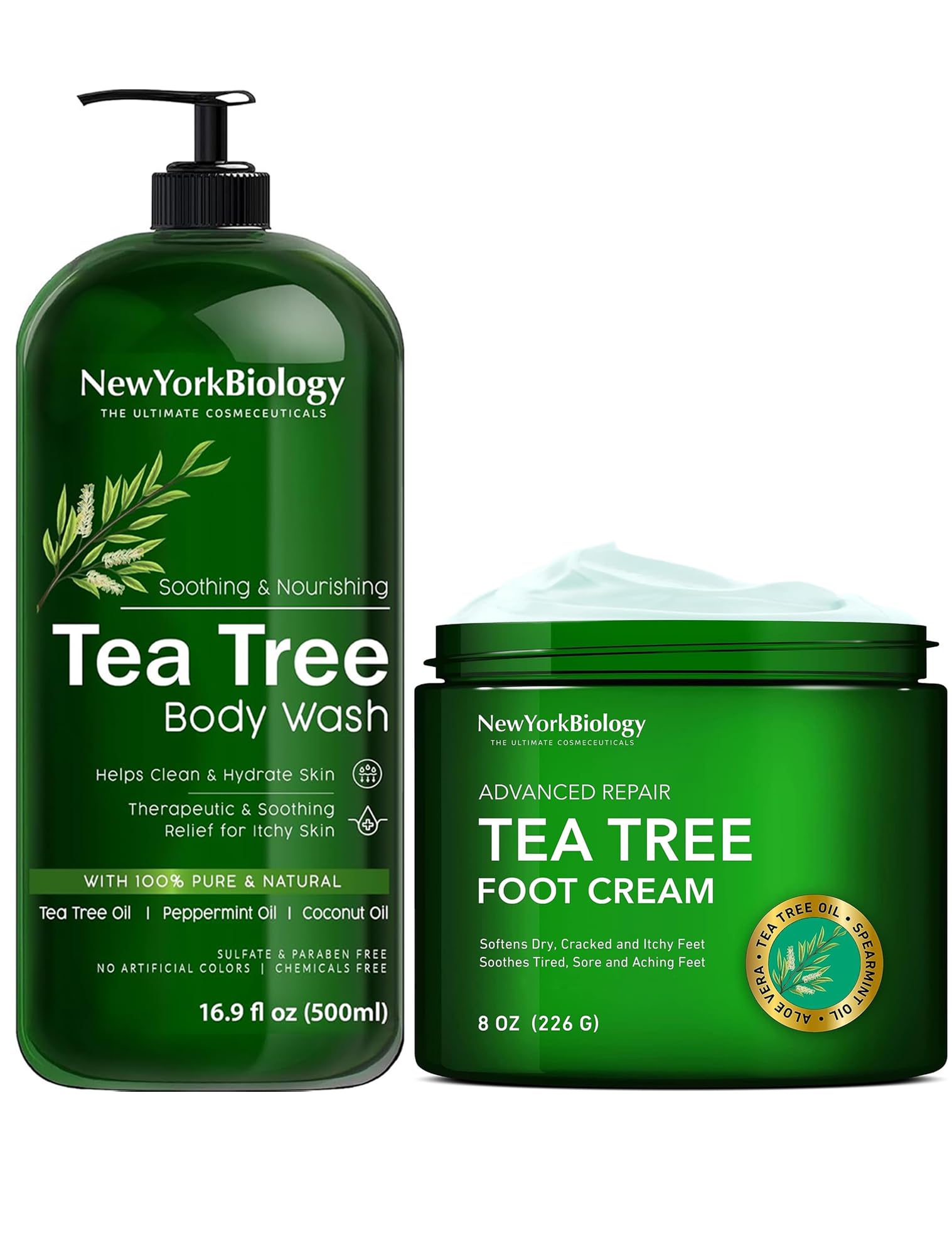 New York Biology Tea Tree Oil Body Wash & Foot Cream for Dry Cracked Feet - Helps Treat Jock Itch, Itchy Skin, Nail Fungus, Athlete's Foot, Eczema & Body Odor - Moisturizing Cream for Men & Women - Perfect for Shower, Post-Workout & Daily Foot Care