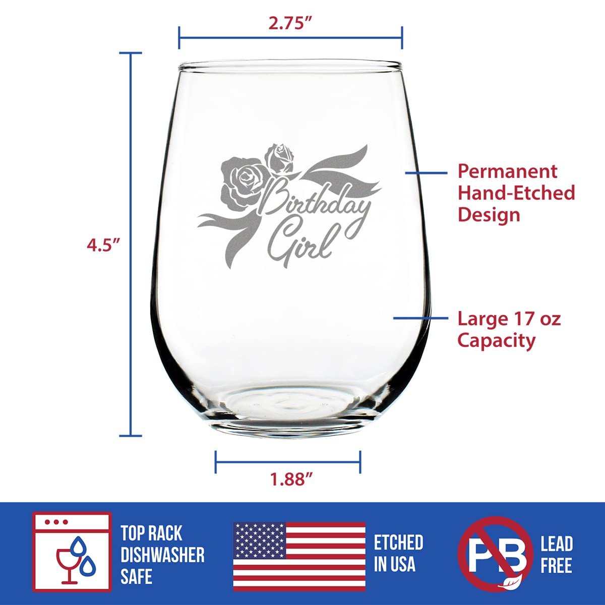 Personalized Stemless Wine Glass for Women - 17oz Birthday Gift Idea with 'Birthday Girl' Design - Perfect for Bachelorette Parties, Bridal Showers & Girls Night Out