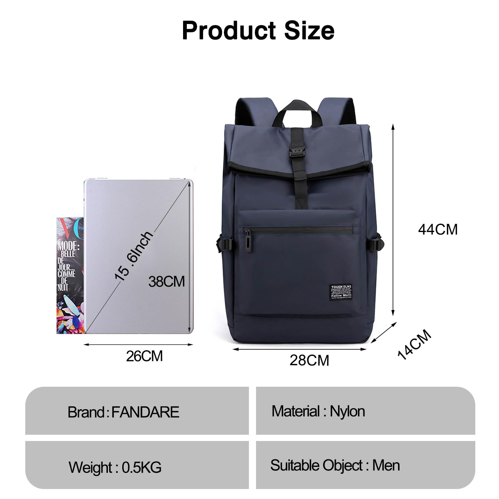 FANDARE Anti-Theft Laptop Backpack - Water Resistant Business Travel Backpack for Men & Women, College School Rucksack with 15.6 Inch Laptop Compartment, Blue - Ideal for Work, Commute, and Daily Use