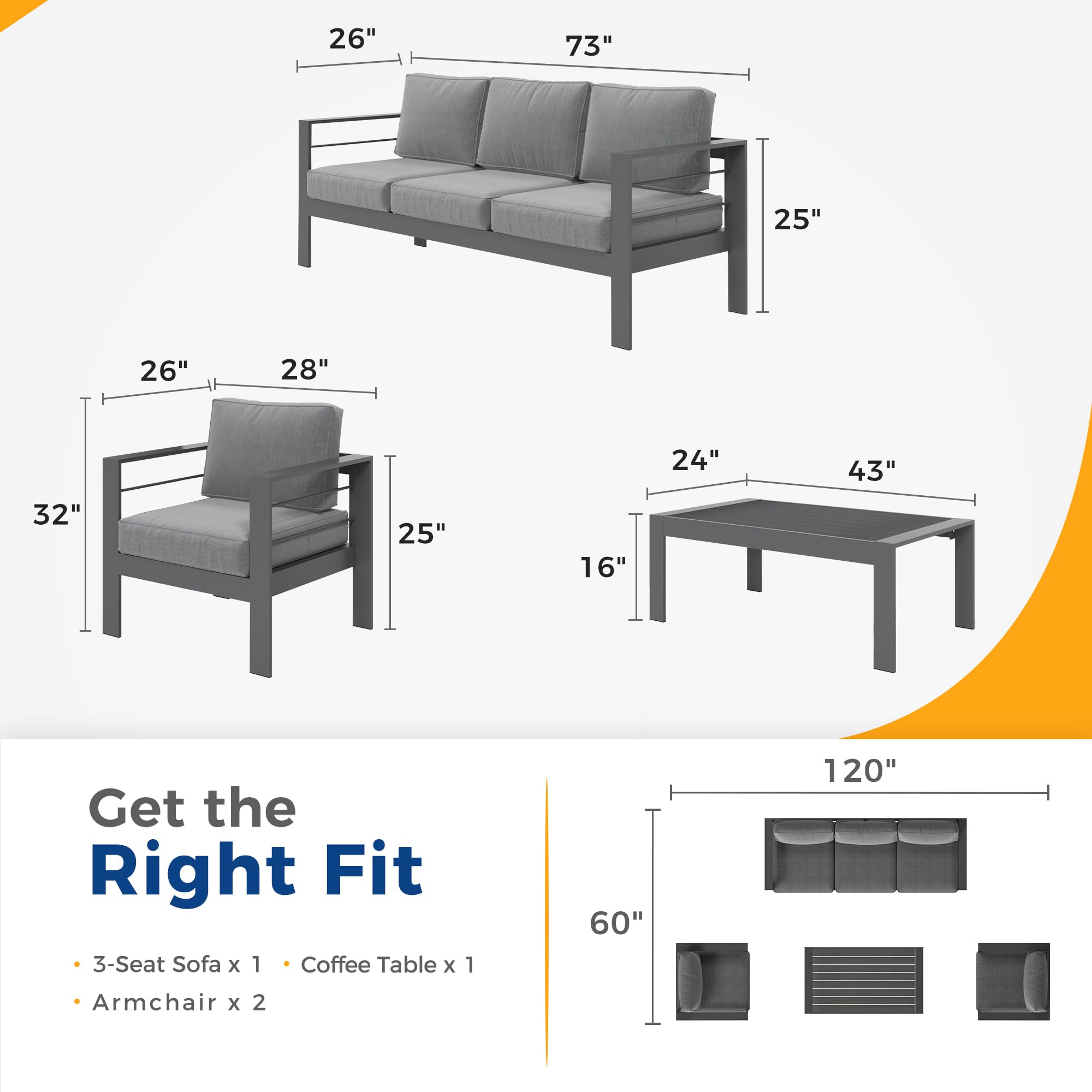 Wisteria Lane 7-Piece Aluminum Outdoor Patio Furniture Set - Modern Dark Grey Metal Sectional Sofa with 5