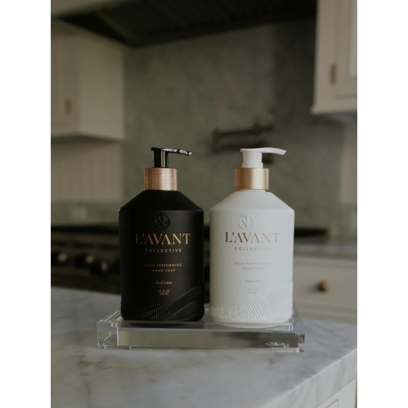 L'AVANT Collective Deluxe Dish & Hand Soap Duo Set with Elegant Lucite Tray - Plant-Based Formula, Fresh Linen Scent, Luxury Glass Bottles - Perfect for Kitchen, Bathroom & Hostess Gifts