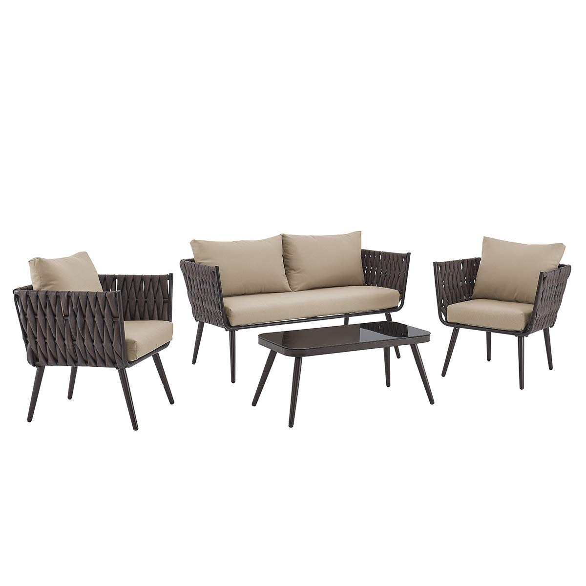 Barton 4-Piece Bistro Sofa Set with Cushions & Coffee Table - Outdoor Patio Wicker Rattan Furniture - Space-Saving Conversation Set for Garden, Balcony or Poolside Relaxation