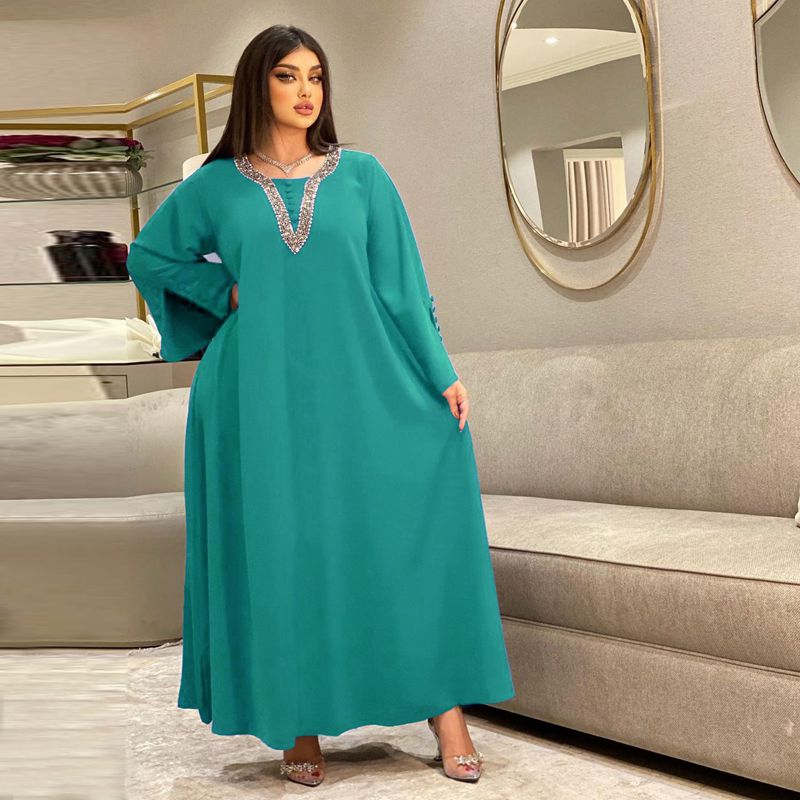 Stylish Hotfix Rhinestone Embellished Blue Caftan Dress for Women | Elegant Middle Eastern Inspired Kaftan | Perfect for Weddings, Parties & Beach Cover-Ups