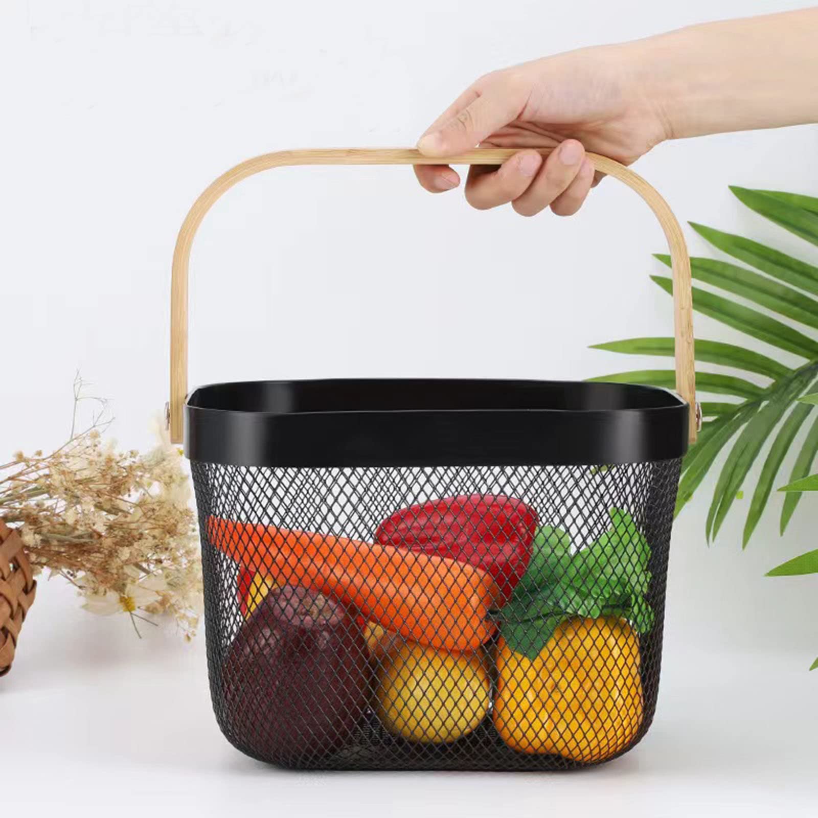 2 Pack Black Metal Mesh Steel Baskets with Wood Handles - Multi-Purpose Storage Organizer for Kitchen, Bathroom, Picnic & Home Decor - Perfect for Fruits, Vegetables, Spices & Household Items