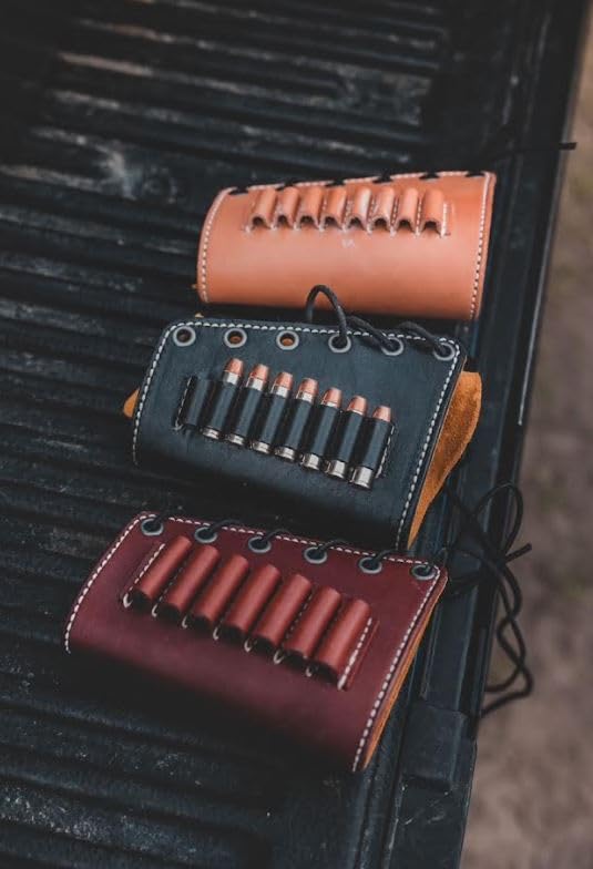 Diamond D Leather Rifle Butt Cuff - 6 Loop Ammo Carrier for 300 Win Mag - Premium Brown Leather Rifle Stock Accessory for Hunting & Shooting Sports