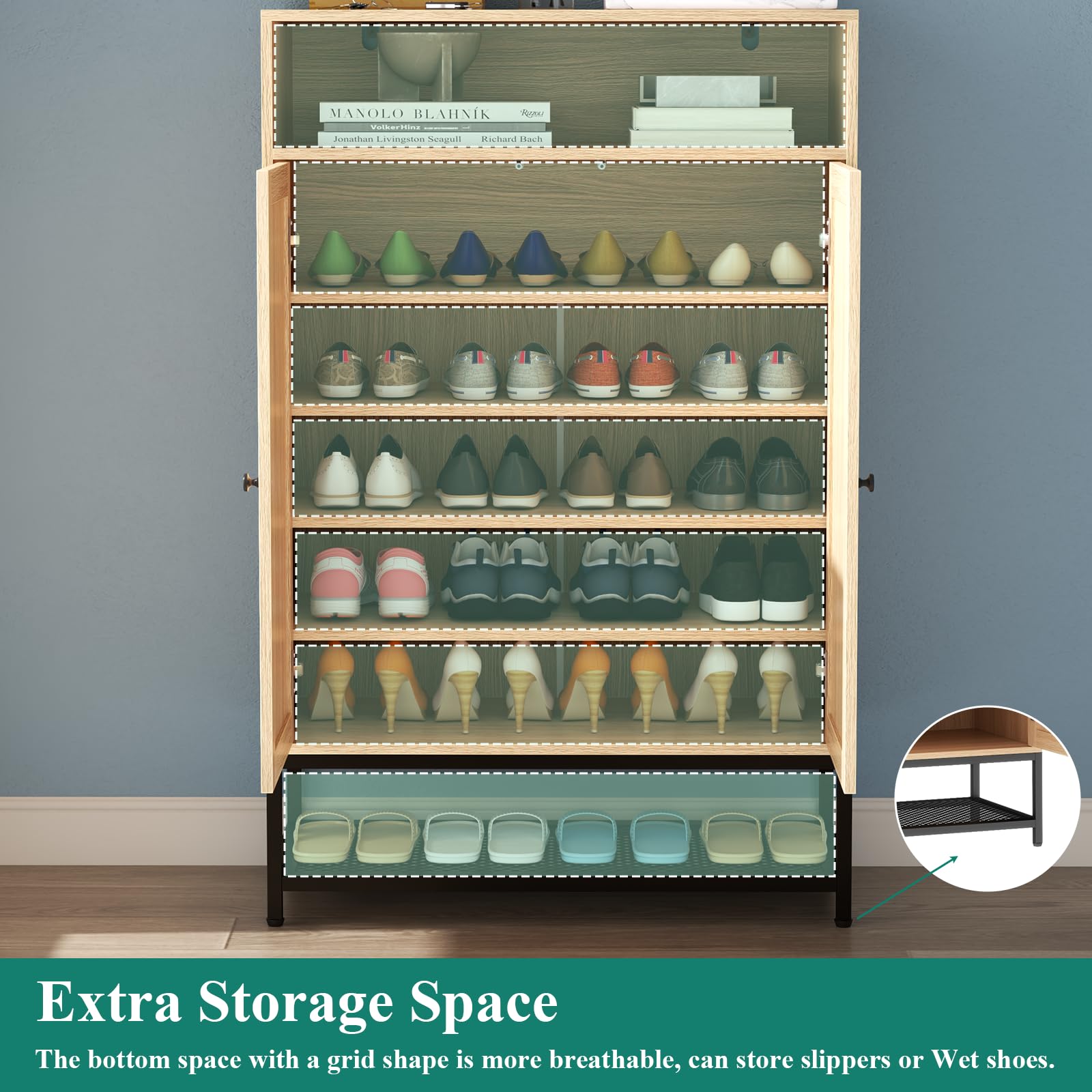 7-Tier Rattan Shoe Cabinet with Adjustable Shelves - Entryway Shoe Storage Organizer for 20 Pairs - Natural Woven Shoe Rack for Hallway, Closet & Living Room - Perfect for Small Space Organization & Home Décor