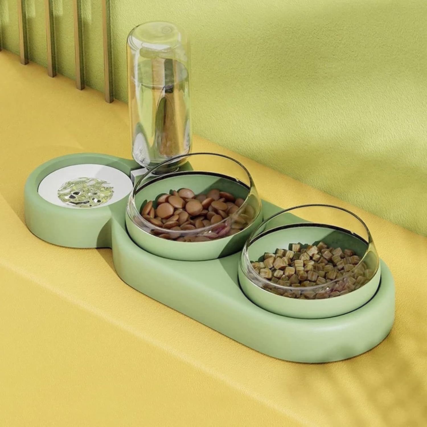 Raised Cat Bowls Set - 2 Food & 1 Water Feeder for Cats & Small Dogs (Green) - Perfect for Home & Travel Use