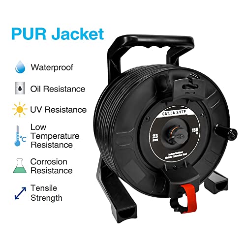 CAT.6A S/FTP IP67 Waterproof Ethernet Extension Reel F/F 150 FT - High Speed Network Cable for Outdoor/Industrial Use, Weatherproof LAN Connection for Harsh Environments