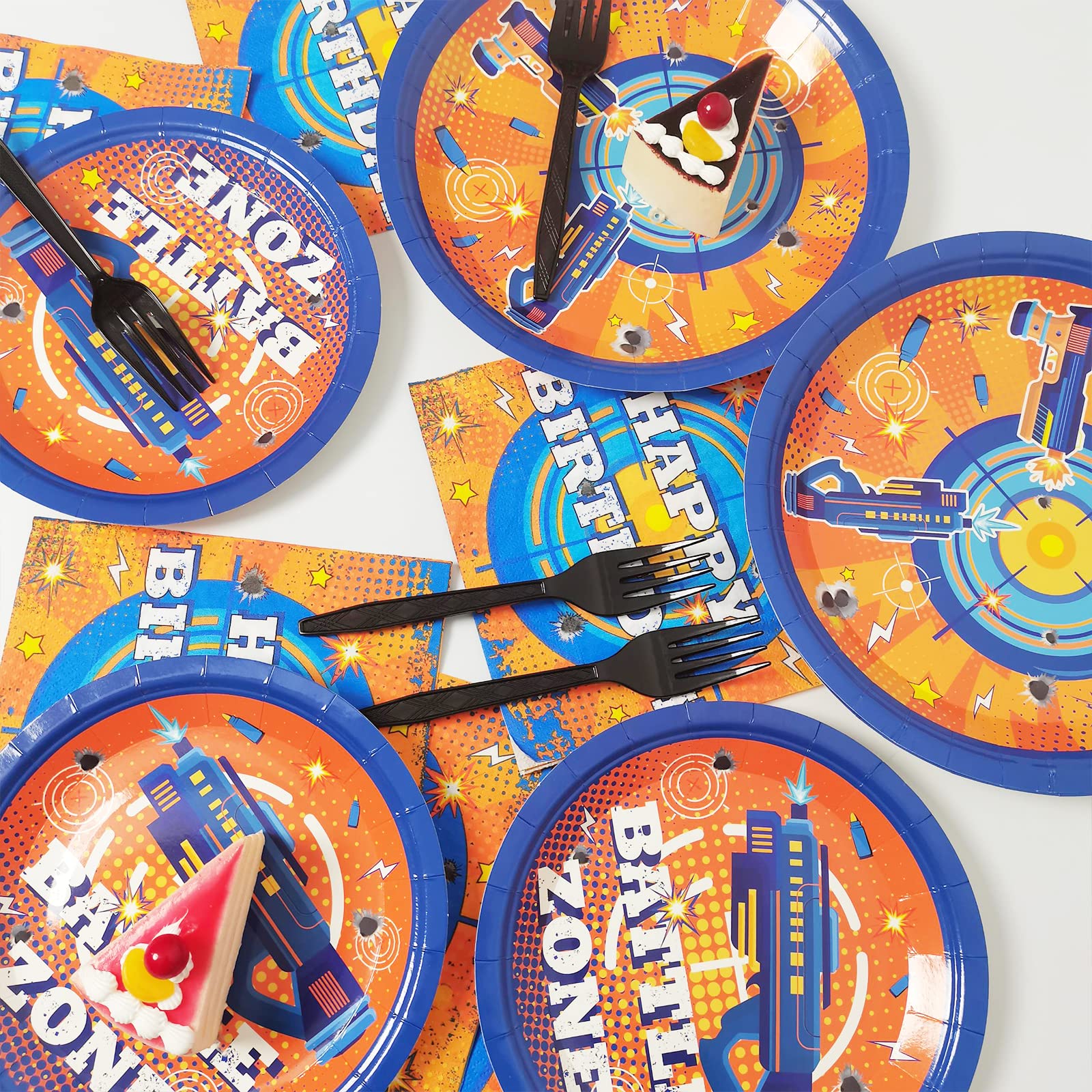 96 Pcs Dart War Party Supplies Set - Blue & Orange Themed Plates, Napkins for Kids Birthday, Baby Shower - Fun Tableware Decorations for Boys' Dart War Party (Serves 24) - Perfect for Birthday Celebrations, Game Nights & Themed Events