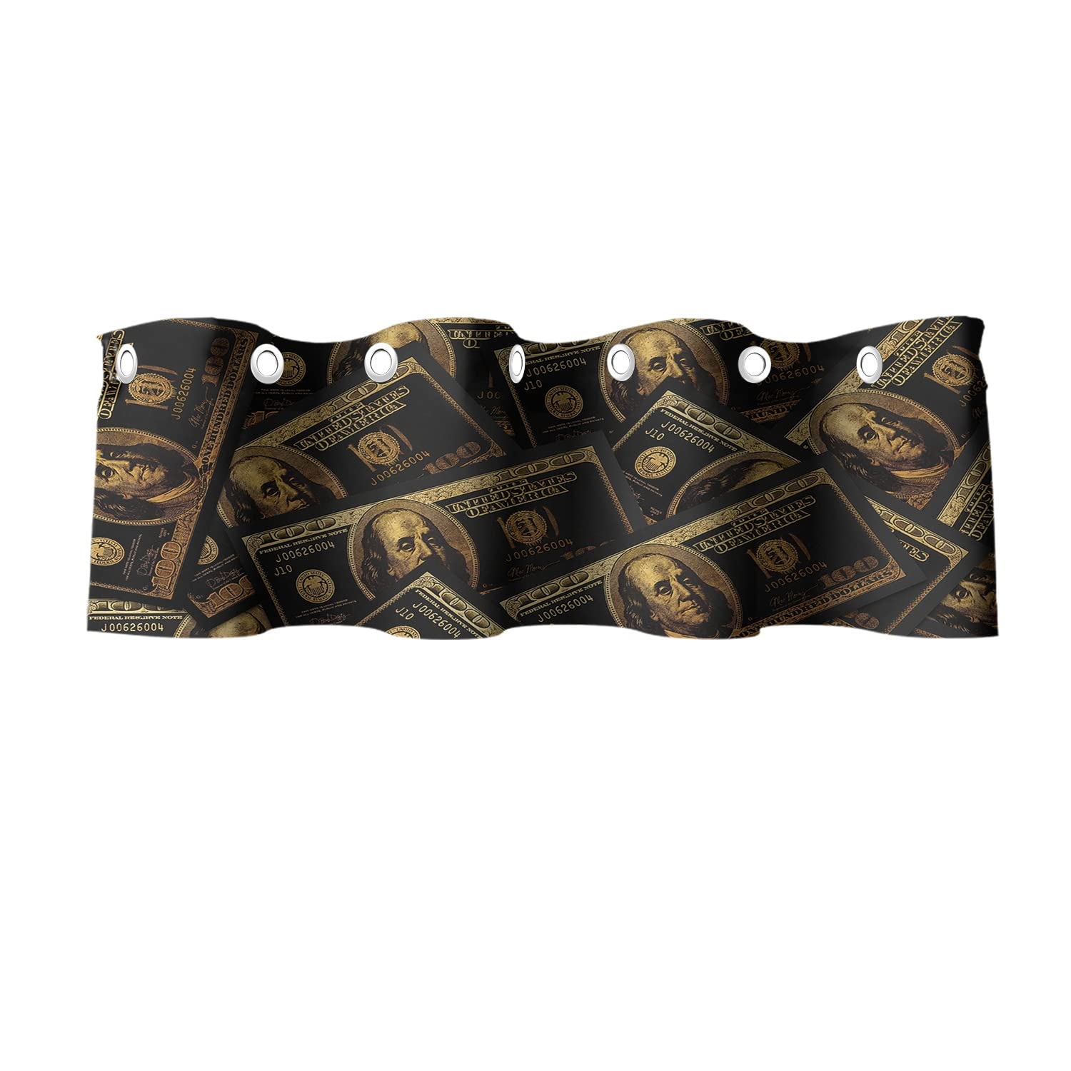 Modern Black & Gold 100 Dollar Bill Print Kitchen Curtain Valances - Room Darkening Window Treatment for Bedroom & Small Windows (16