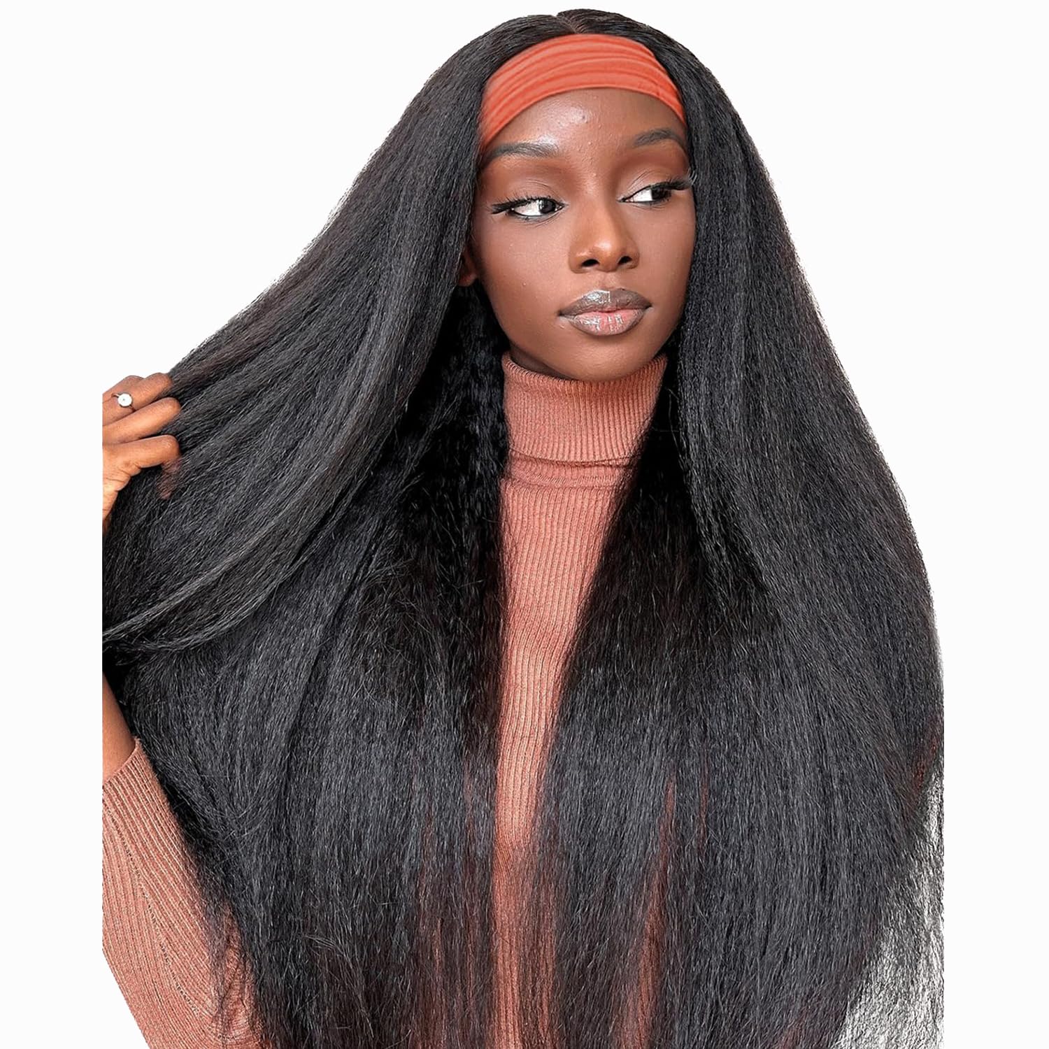 30 Inch Kinky Straight Human Hair Wig - 180% Density 12A Grade Yaki Straight Headband Wig for Black Women | Natural Black Color Half Wig with Attached Headband | Perfect for Daily Wear, Parties & Protective Hairstyles