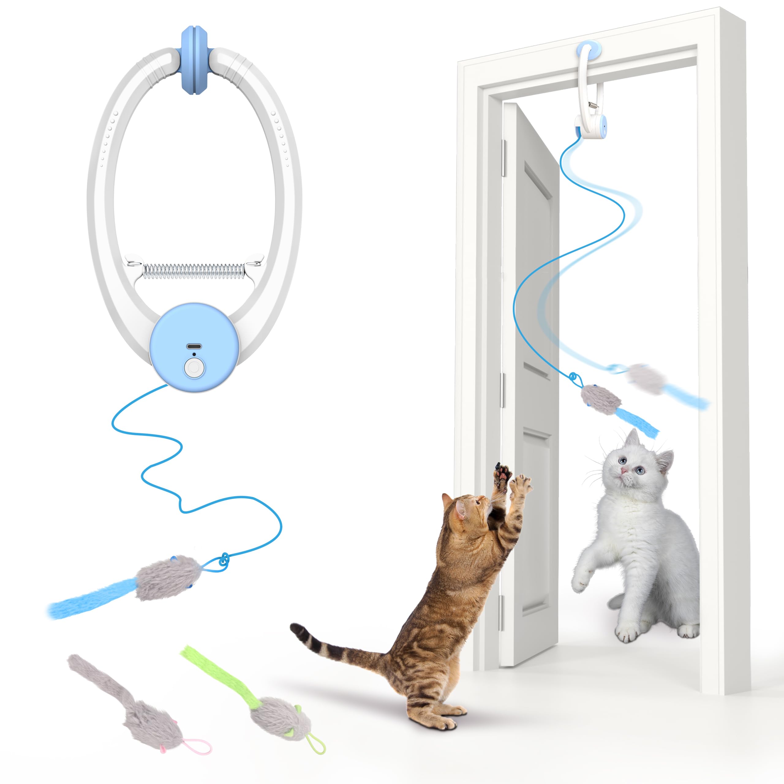 **Interactive Cat Feather Toys for Indoor Cats - Retractable Teaser Toy with 3 Plush Mice for Play, Chase & Exercise - Blue Automatic Kitten Mental Stimulation Toy (Great for Boredom Relief & Active Playtime)**