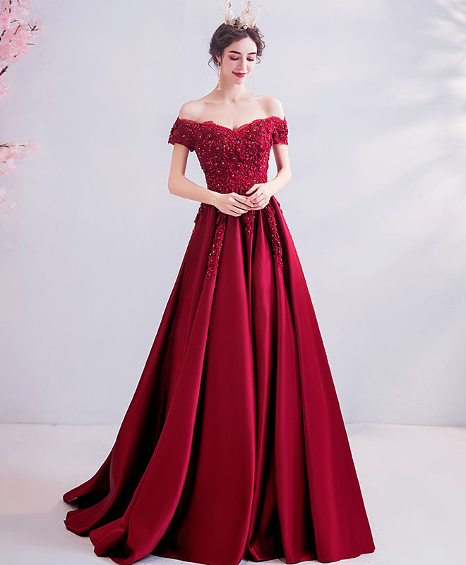 Elegant Burgundy Off-Shoulder Lace Satin Long Prom Dress for Women - Perfect for Evening Gowns, Homecoming, Formal Parties & Special Occasions