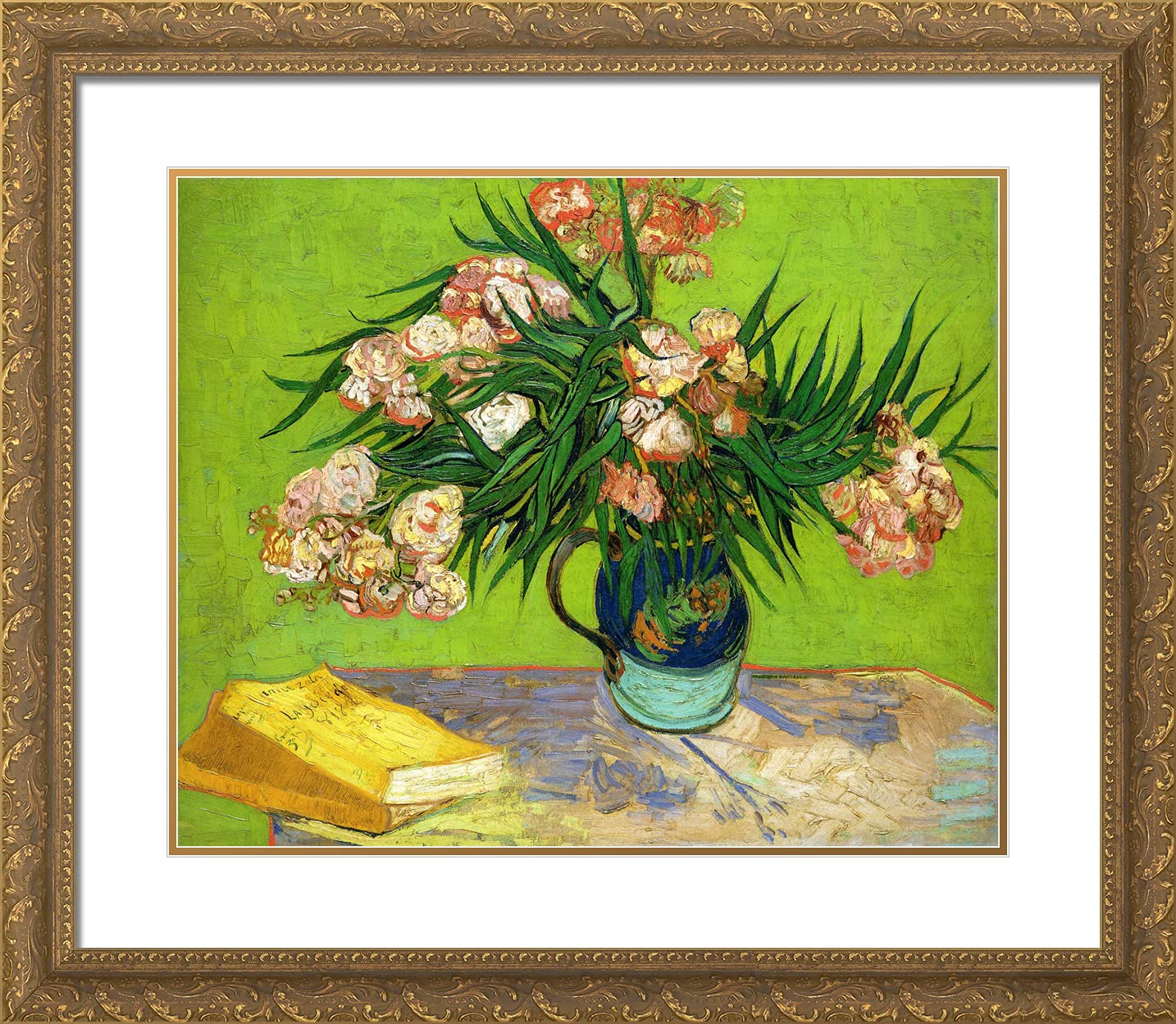 Van Gogh 'Oleanders and Books' 23x20 Gold Ornate Framed Art Print with Double Matting - Premium Wall Decor for Living Room, Bedroom & Office