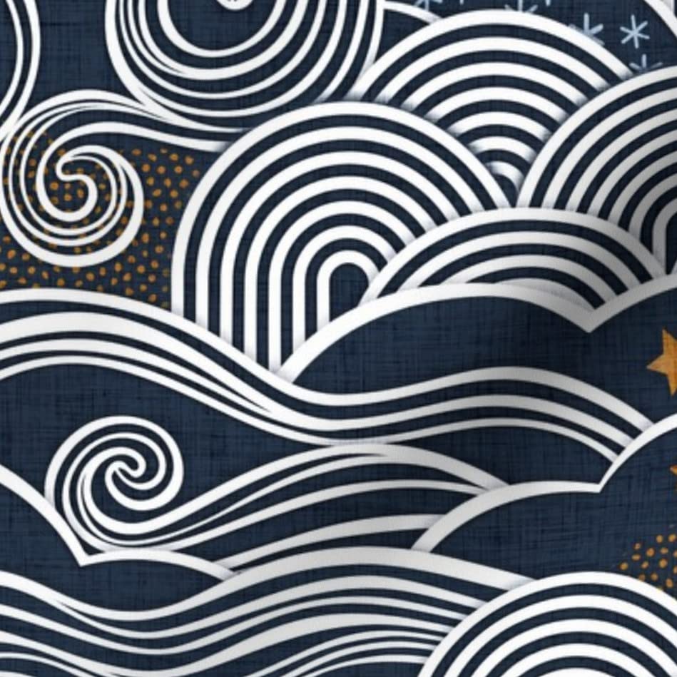 Night Sky Clouds Gold Stars Printed Velvet Fabric - Sky Blue Mustard Dark Navy Upholstery Material for Home Decor, Apparel & DIY Projects | Fat Quarter for Sewing, Quilting & Crafts