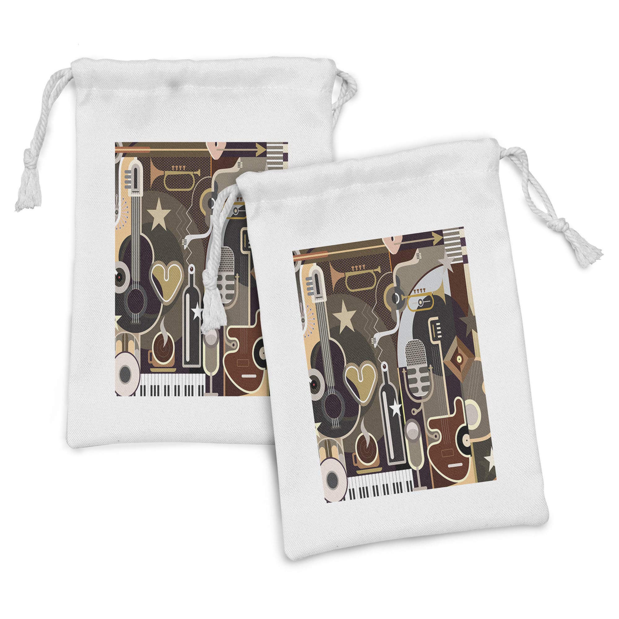 Ambesonne 2-Pack Music Themed Fabric Pouches - Abstract Musical Instruments & Stars Design, Small Drawstring Bags (9