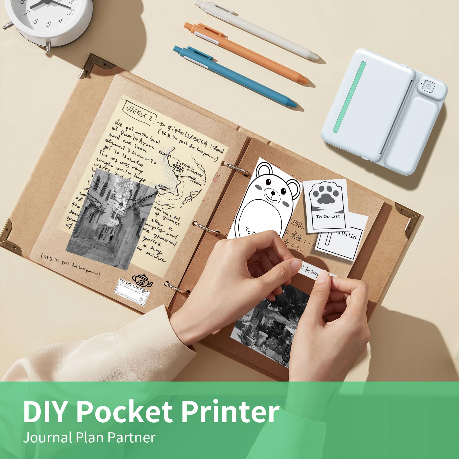 Mini Bluetooth Thermal Printer for Notes, Lists, Labels & Photos - Portable Pocket Printer Compatible with iPhone, Android & Tablets (Includes 2 Paper Rolls) - Perfect for Home Organization, Office Tasks & Creative Scrapbooking
