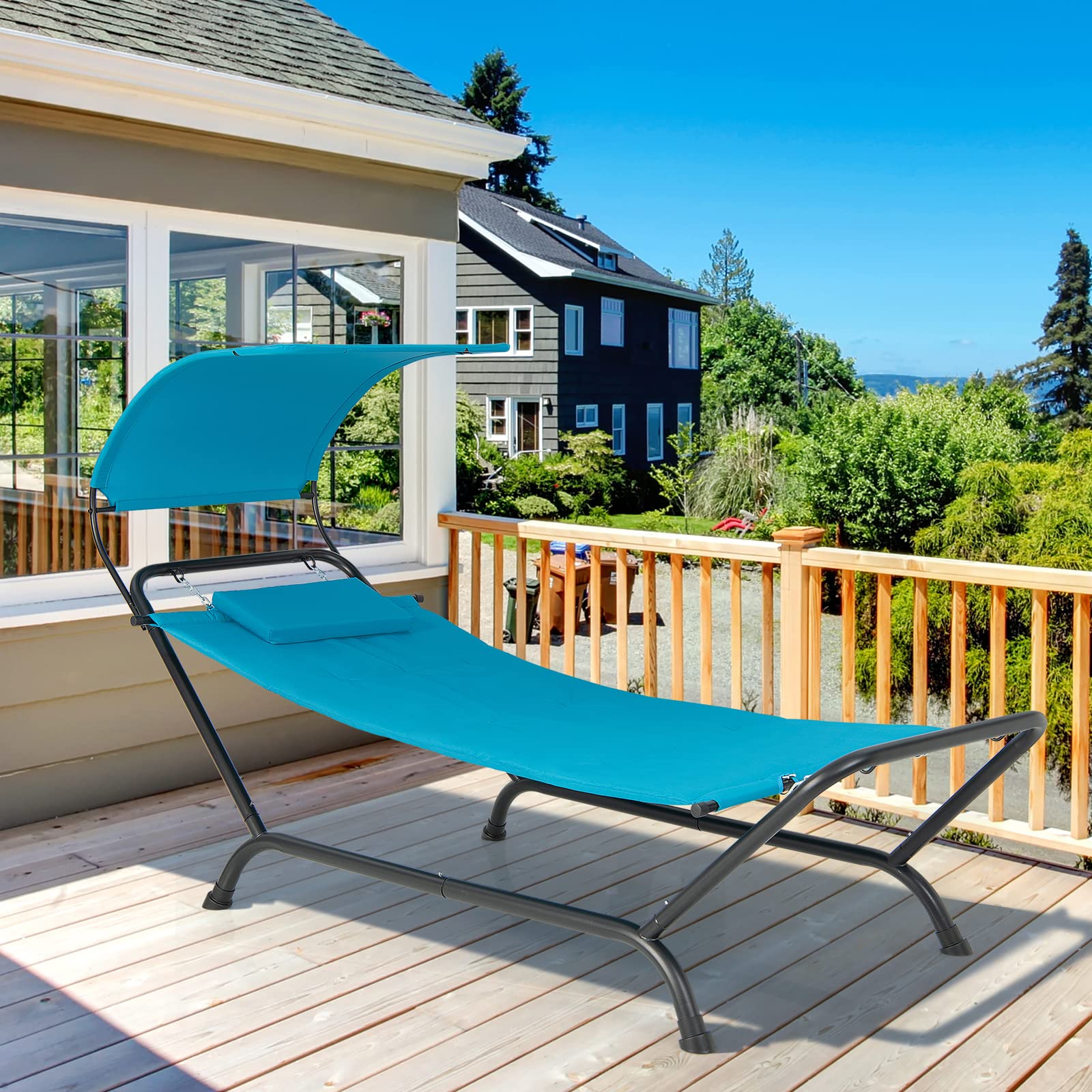 Giantex Heavy Duty Hanging Hammock with Stand - Outdoor Patio Swing Bed with Canopy, Cushion, Pillow & Storage Bag - Blue Chaise Lounge Chair for Garden, Backyard, Poolside, Porch - Perfect for Relaxing, Sunbathing and Outdoor Lounging