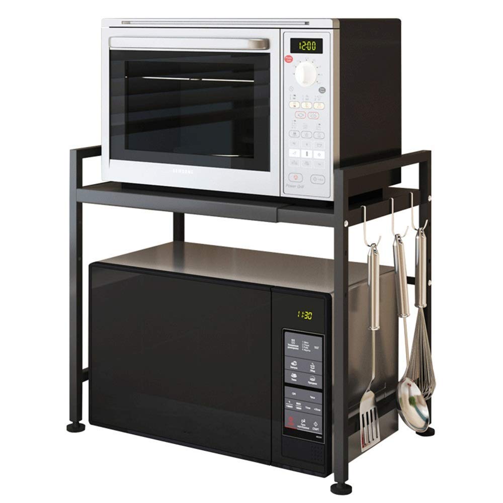 **Black Microwave Oven Stand - 47.8x29x65cm Retractable Kitchen Shelf with Bracket, Multifunctional Baker's Rack for Microwave, Countertop Storage & Kitchen Organization**    *(Perfect for Small Kitchens, Apartments, or as a Space-Saving Baking Station)*