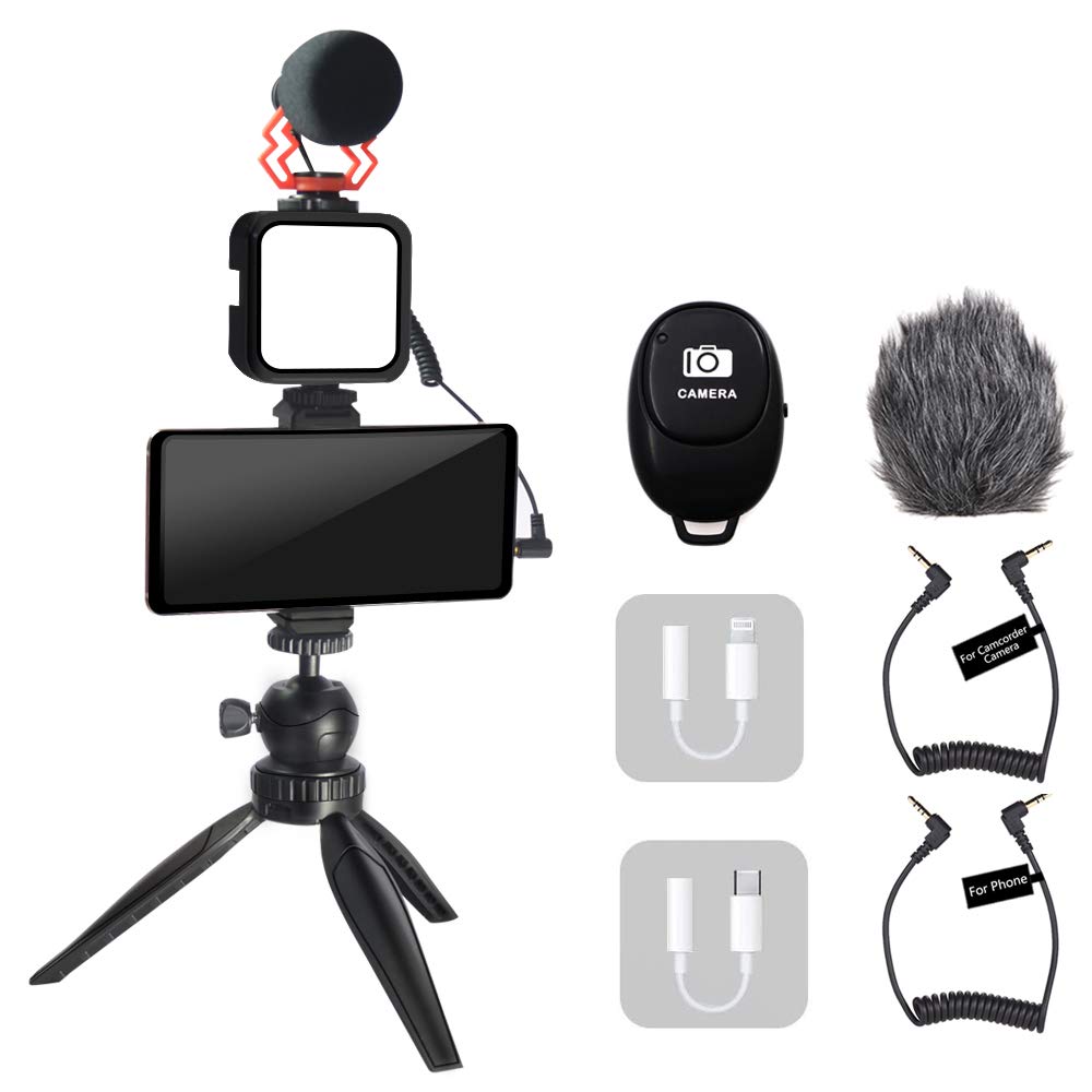 Mcoplus Professional Vlogging Kit for Smartphones - Includes Tripod, Phone Clip, LED Light, Microphone, 3.5mm/Type-C/Lightning Cables & Remote - Compatible with iPhone X, Samsung, Huawei, Sony a7 - Perfect for YouTube, TikTok, Live Streaming & Content Creation