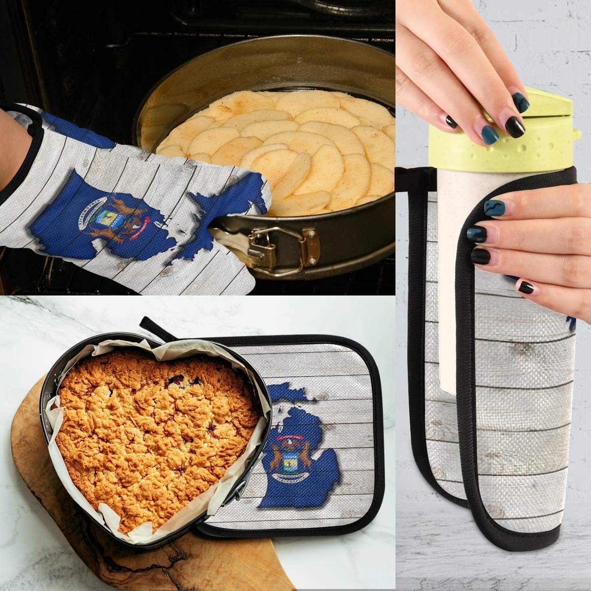 Michigan Flag Map Oven Mitts & Pot Holders Set - Heat Resistant Kitchen Gloves for Cooking, Baking, Grilling - Perfect for Microwave, BBQ & Stove Use