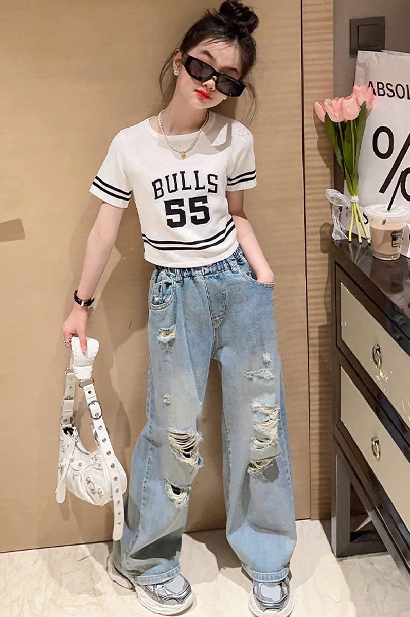 NABER Kids Girls Stretch Elastic Waist Cool Ripped Jeans - Washed Denim Wide Leg Distressed Jeans for Girls Age 5-15 Years - Perfect for School, Playdates & Casual Outfits