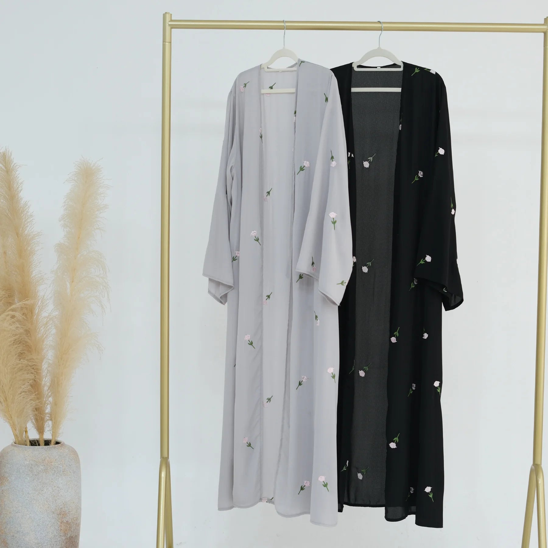 Elegant Black Embroidery Kimono Cardigan Abaya - Stylish Muslim Women's Cover-Up for Prayer, Home & Special Occasions