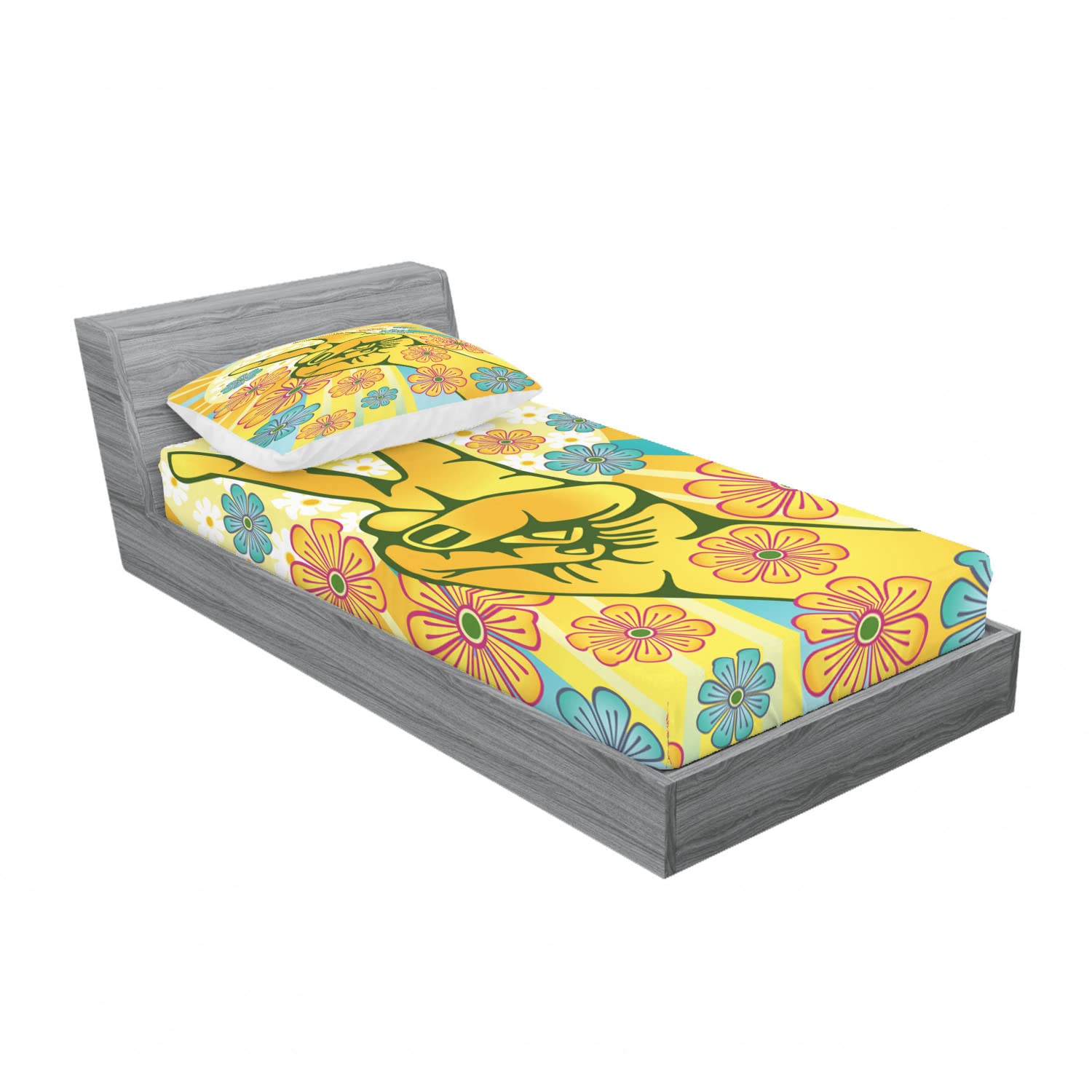 Ambesonne Groovy 2-Pack Twin Fitted Sheet & Pillow Sham Set - Peace Flowers Design, Yellow Blue Pink 4-Piece Bedding Decor (2 Fitted Sheets + 2 Pillow Covers) for Kids Room, Dorm, Guest Bed & Bohemian Style Bedrooms