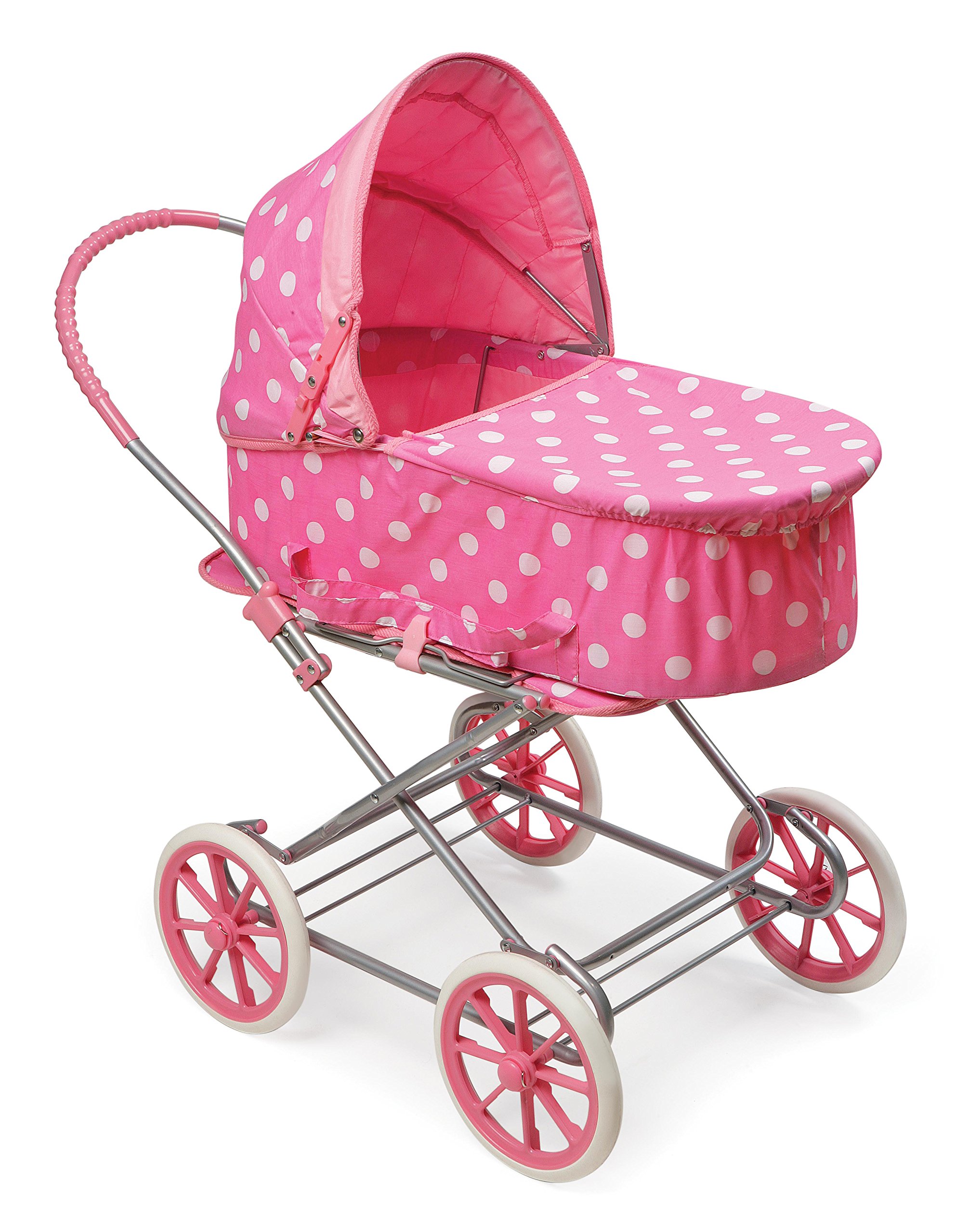Badger Basket 3-in-1 Convertible Doll Pram, Carrier & Stroller for American Girl Dolls | Pink Polka Dot Design | Perfect for Pretend Play, Nursery Decor & Gift Giving