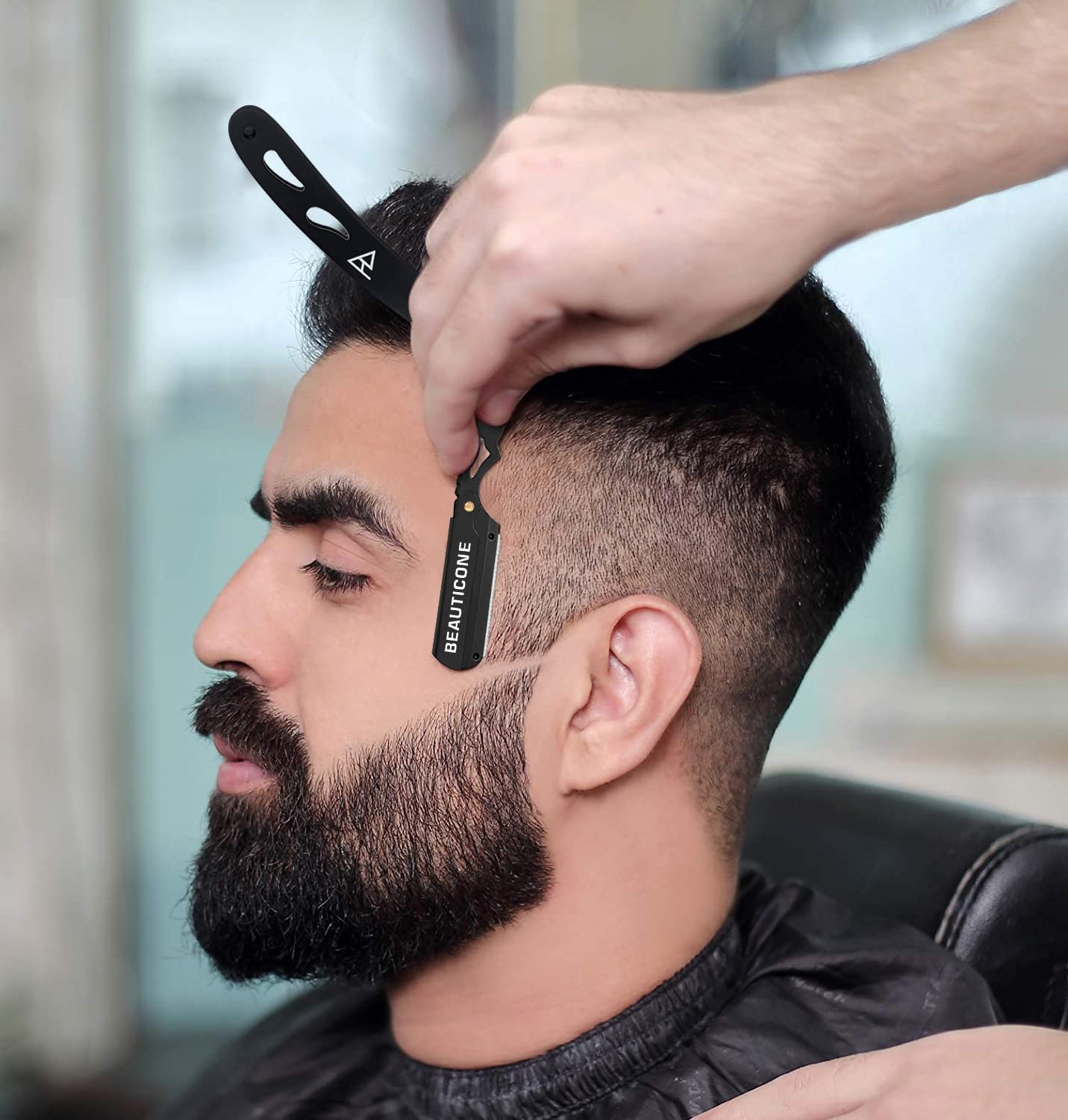 Professional Straight Razor for Men - BEAUTICONE Barber Razor with 100 Single Edge Blades, Black & Gray Leaf Handle - Perfect for Shaving, Grooming & Beard Trimming at Home or Salon