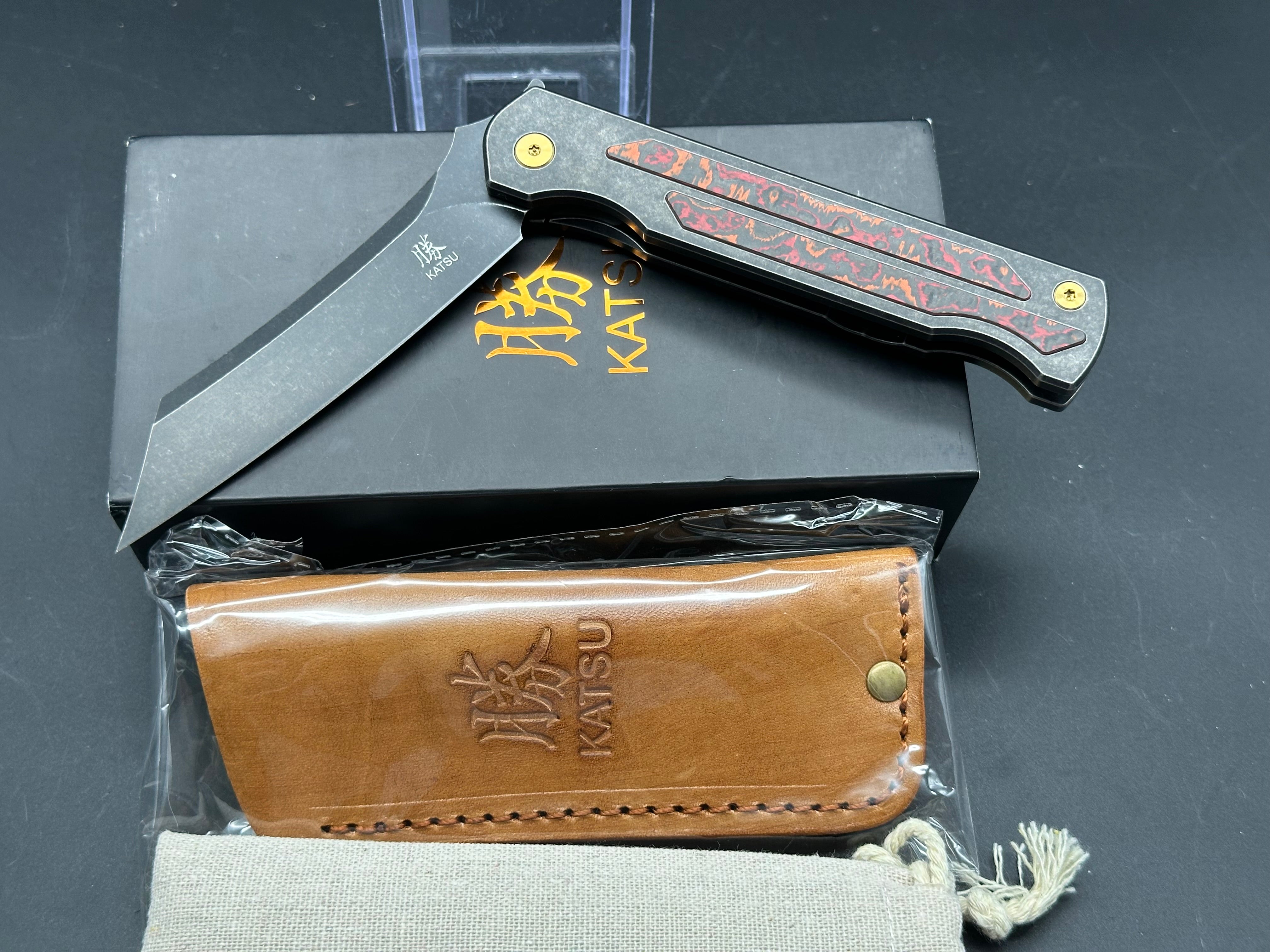 KATSU JT03 Folding Knife - CPM S35VN Stonewashed Blade, Titanium Handle with Mars Valley Fat Carbon Fiber Inlay | EDC, Outdoor, Camping, Survival Gear