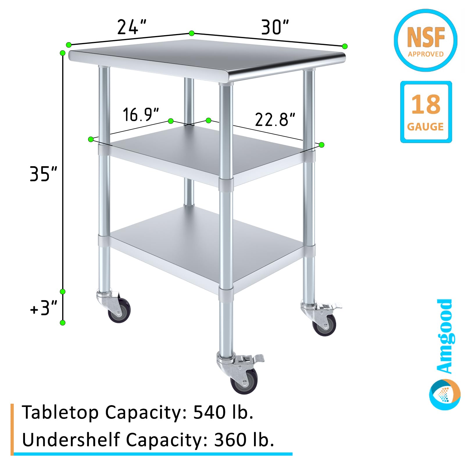 AmGood Stainless Steel Work Table with 2 Shelves & Wheels | Heavy Duty Metal Utility Table for Kitchen, Garage, Workshop | 24