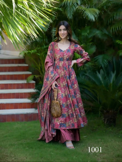 Plus Size Brick Red Muslin Silk Printed Flair Anarkali Suit Set for Women | Elegant Indian Ethnic Wear for Weddings, Parties & Festive Occasions