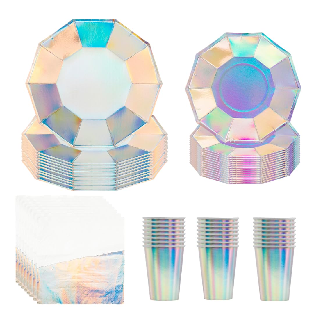 Andaz Press 50-Piece Iridescent Party Tableware Set - Holographic Silver Plates, Cups & Napkins for Birthday, Wedding & Holiday Decorations - Bulk Disposable Tableware Kit for Events & Celebrations