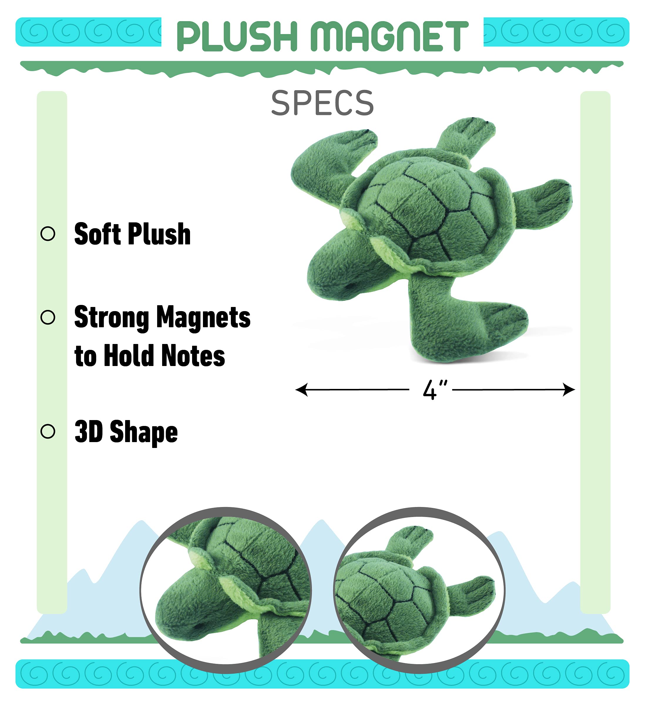 Cute Green Sea Turtle Plush Refrigerator Magnet - 4 Inch Ocean Animal Stuffed Toy for Kitchen Fridge, Locker & Office Decor | Adorable Marine Life Accessory for Home, School & Gift Giving