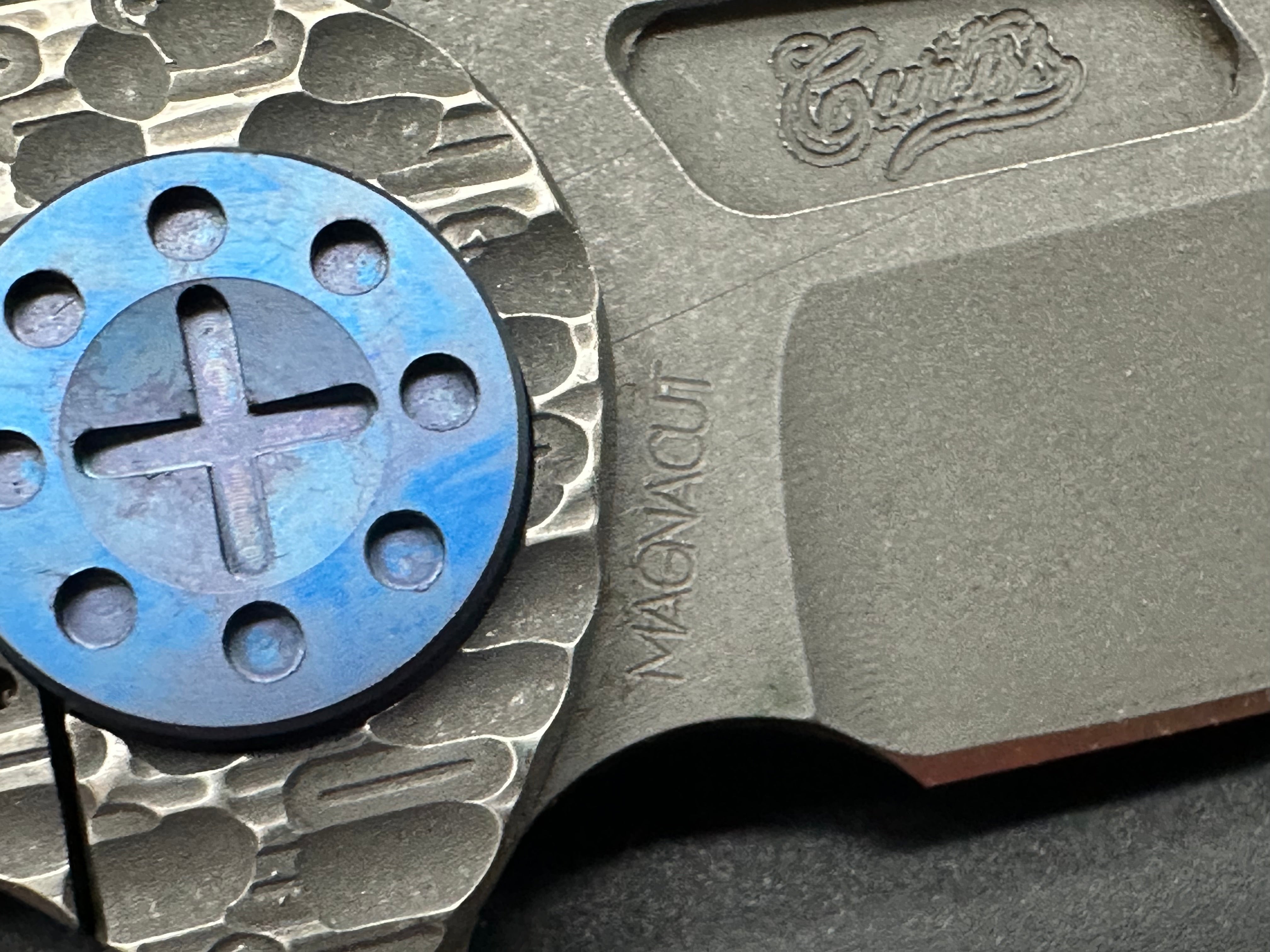 Curtiss Custom Knives F3 Compact Slicer Flipper - PM Mill Titanium Handle, Magnacut Steel Blade (Stonewashed Finish, Blue) - EDC Pocket Knife for Outdoor, Camping & Everyday Carry