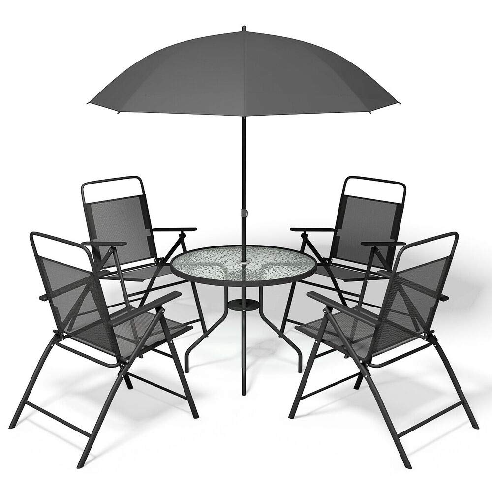 6-Piece Gray Patio Garden Furniture Set with Folding Chairs, Table & Umbrella - Outdoor Dining & Backyard Relaxation