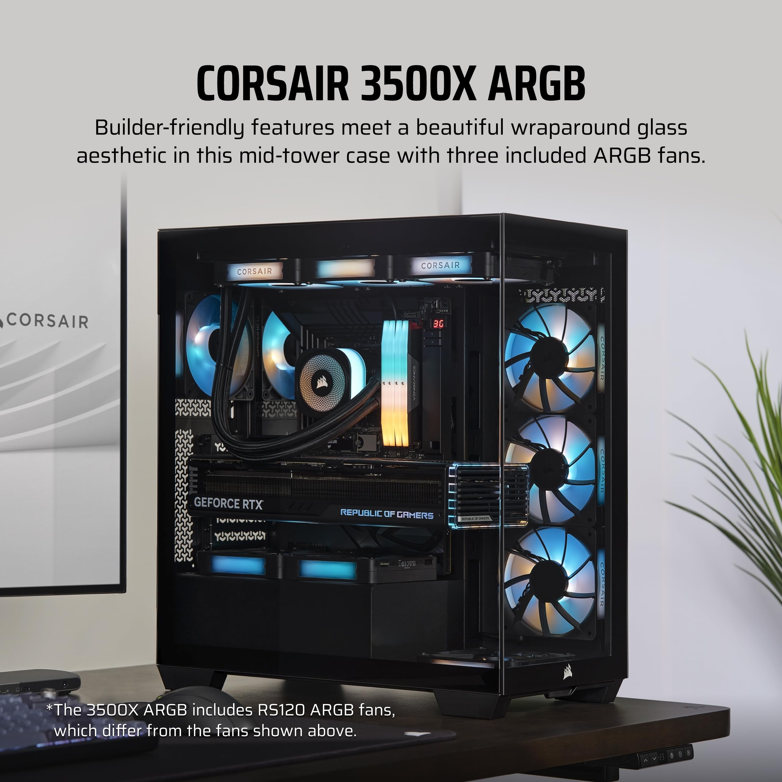 CORSAIR 3500X ARGB Mid-Tower ATX PC Gaming Case - Panoramic Tempered Glass Side Panel - Reverse Connection Motherboard Support - Includes 3X CORSAIR RS120 ARGB Fans - High Airflow Design - Black | Perfect for Gaming Rigs, Streaming PCs & Workstation Builds